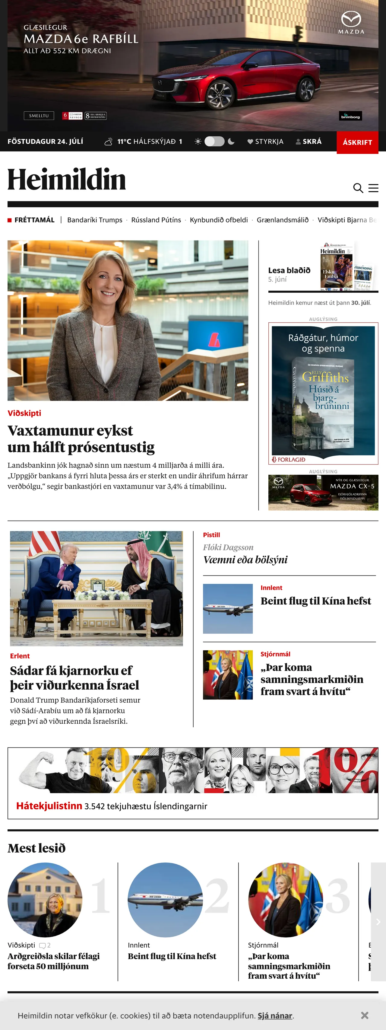 Screenshot of the Kjarninn front page