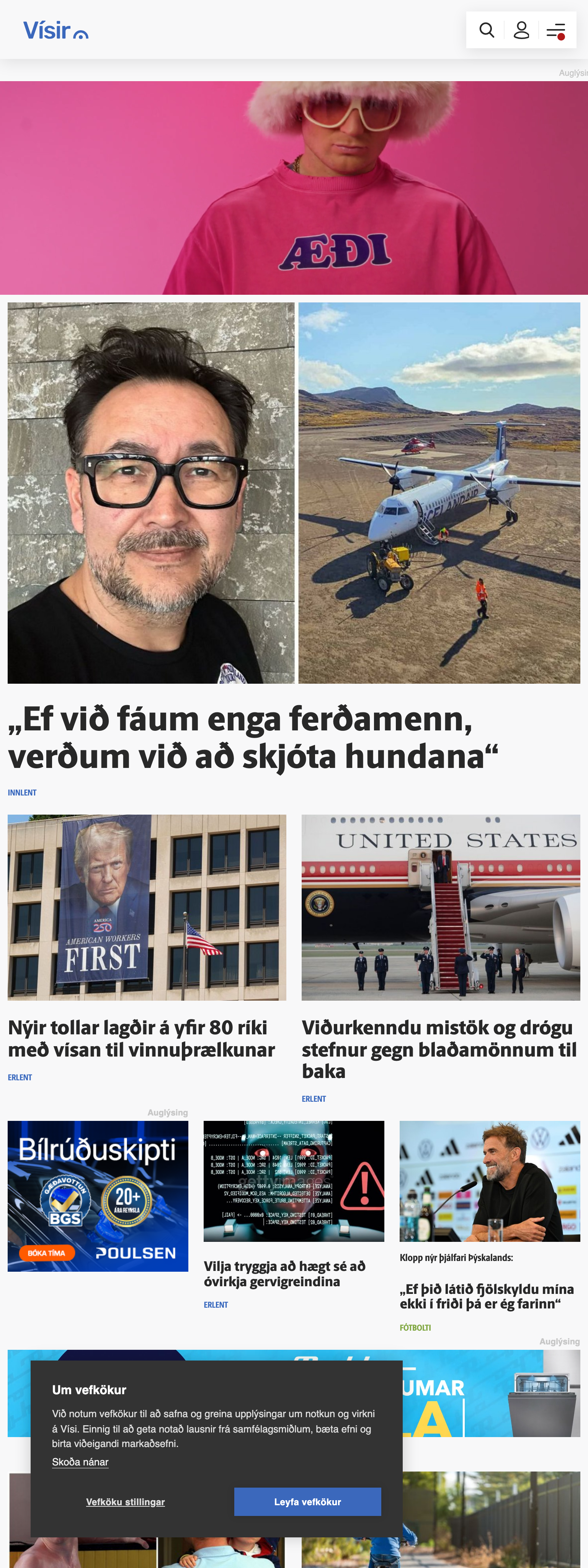 Screenshot of the Vísir front page