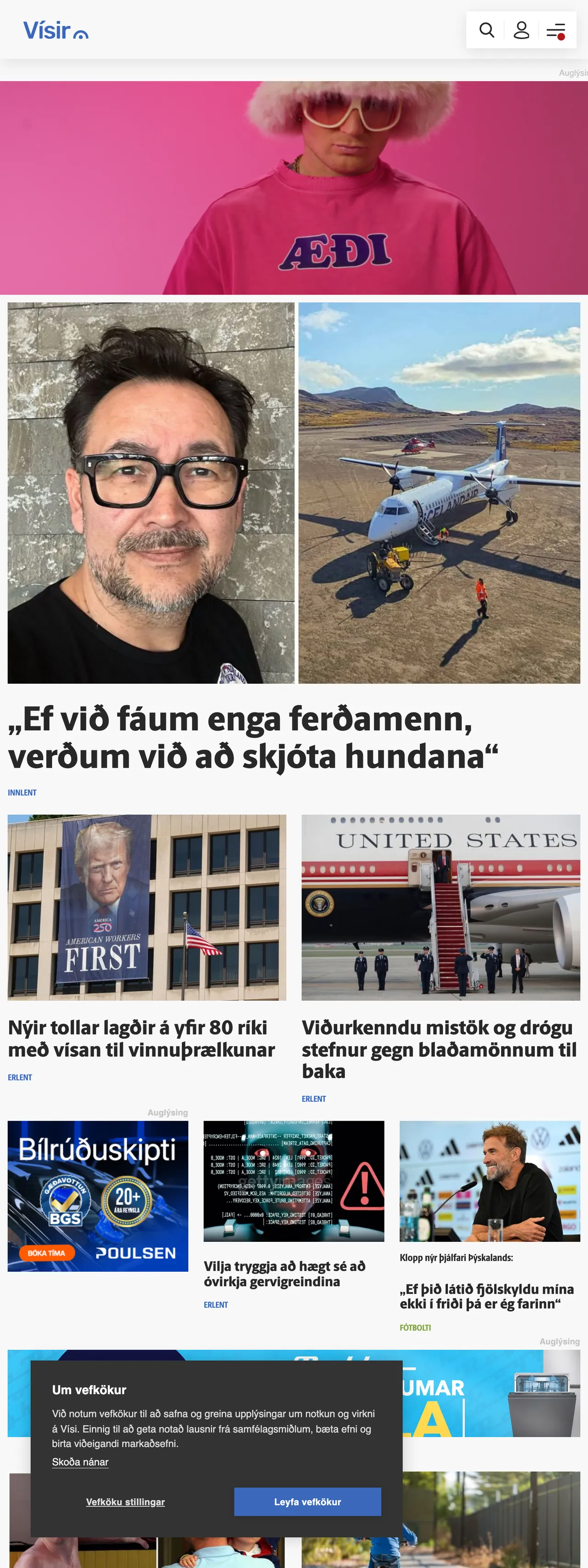 Screenshot of the Vísir front page
