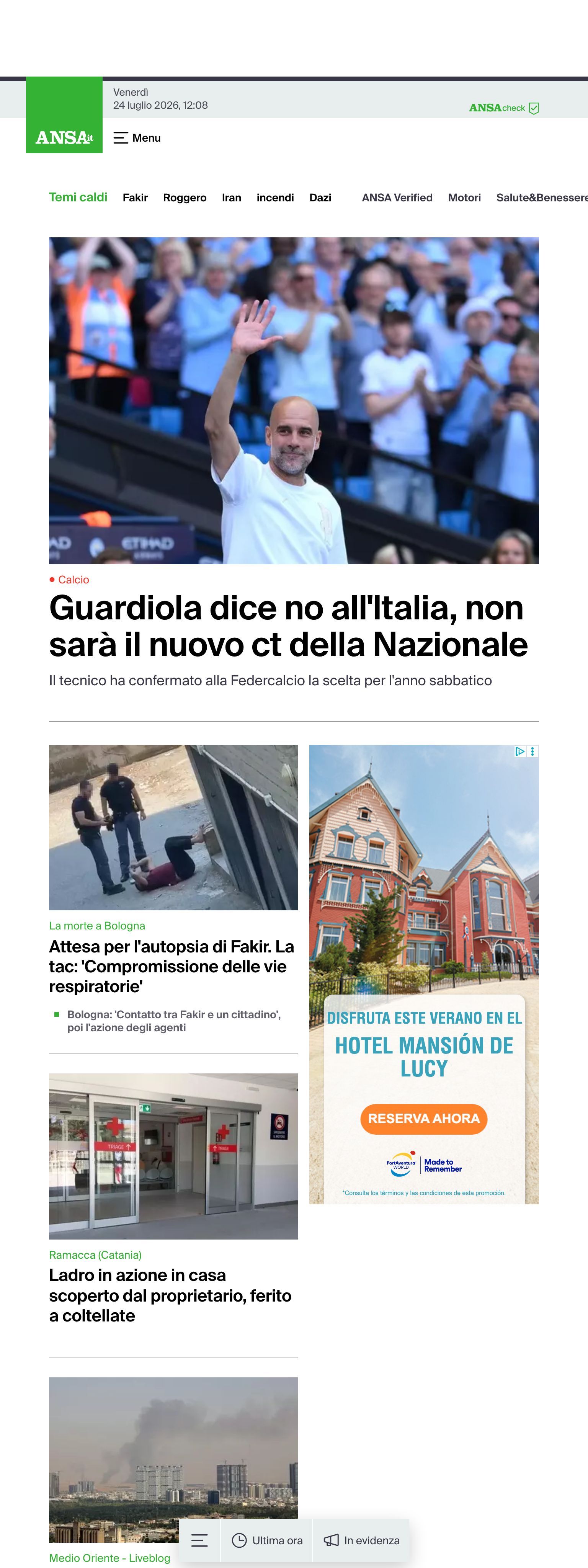 Screenshot of the ANSA front page