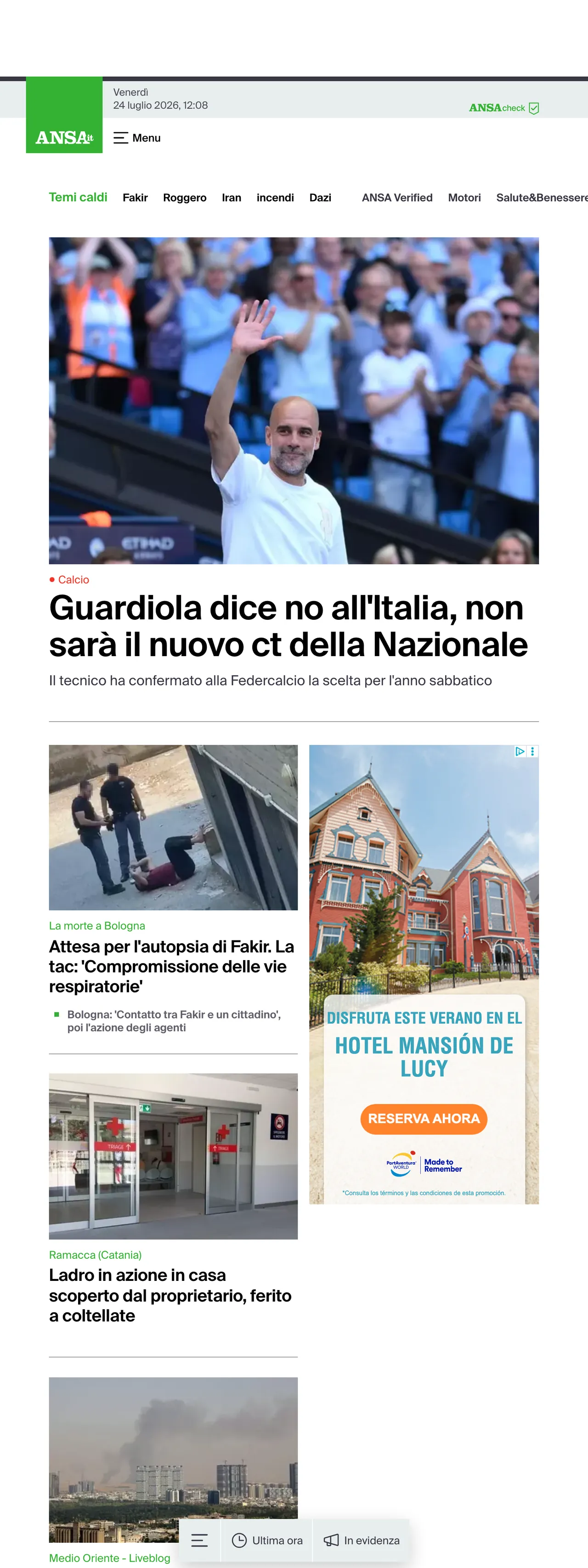 Screenshot of the ANSA front page