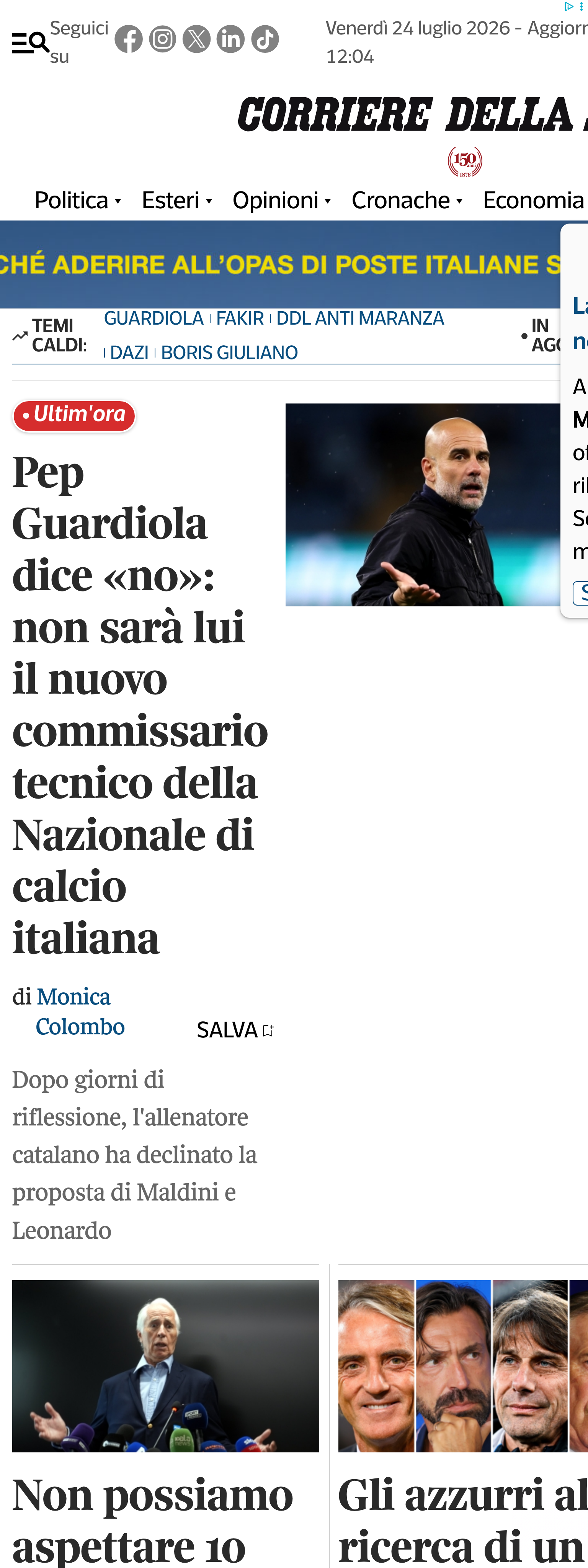 Screenshot of the Corriere della Sera front page