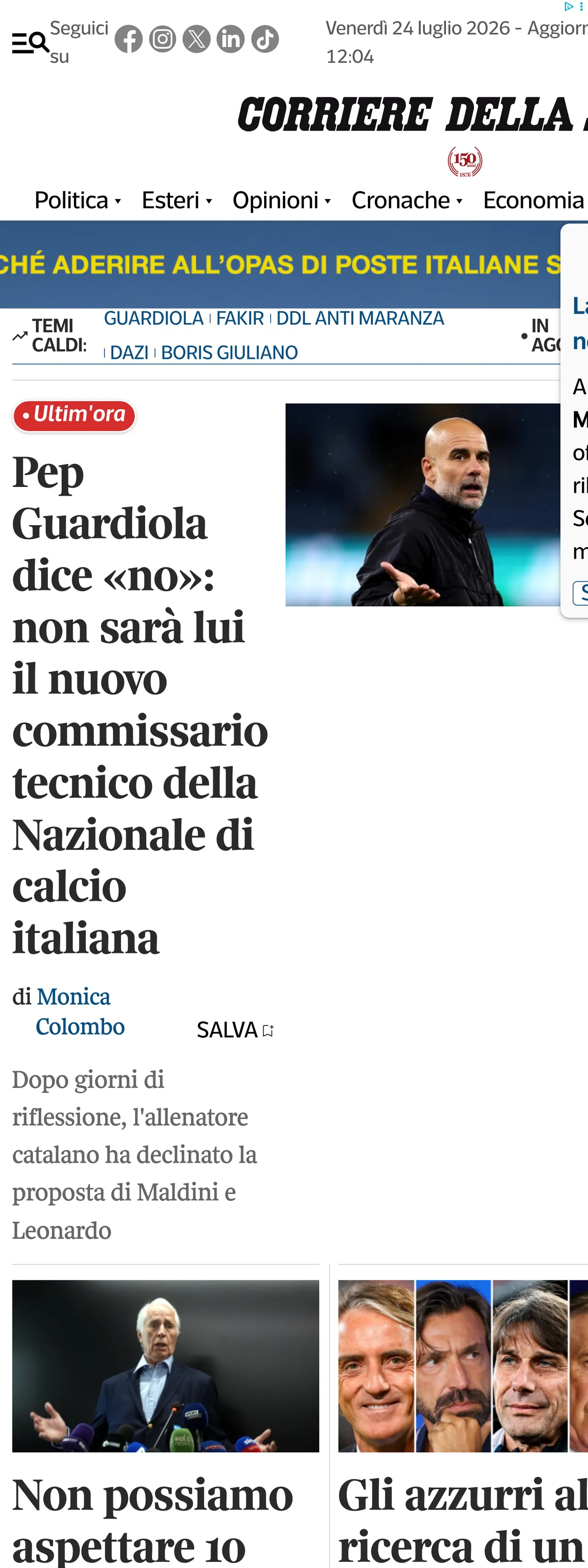 Screenshot of the Corriere della Sera front page
