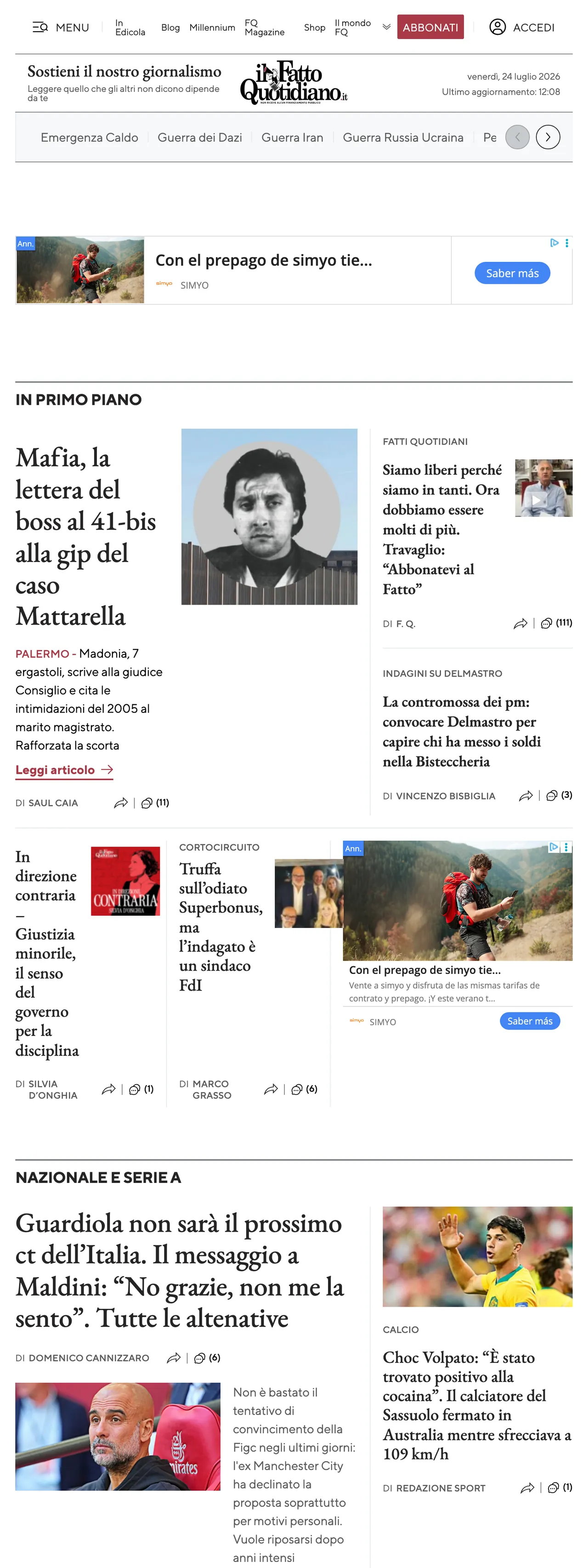Screenshot of the Il Fatto Quotidiano front page