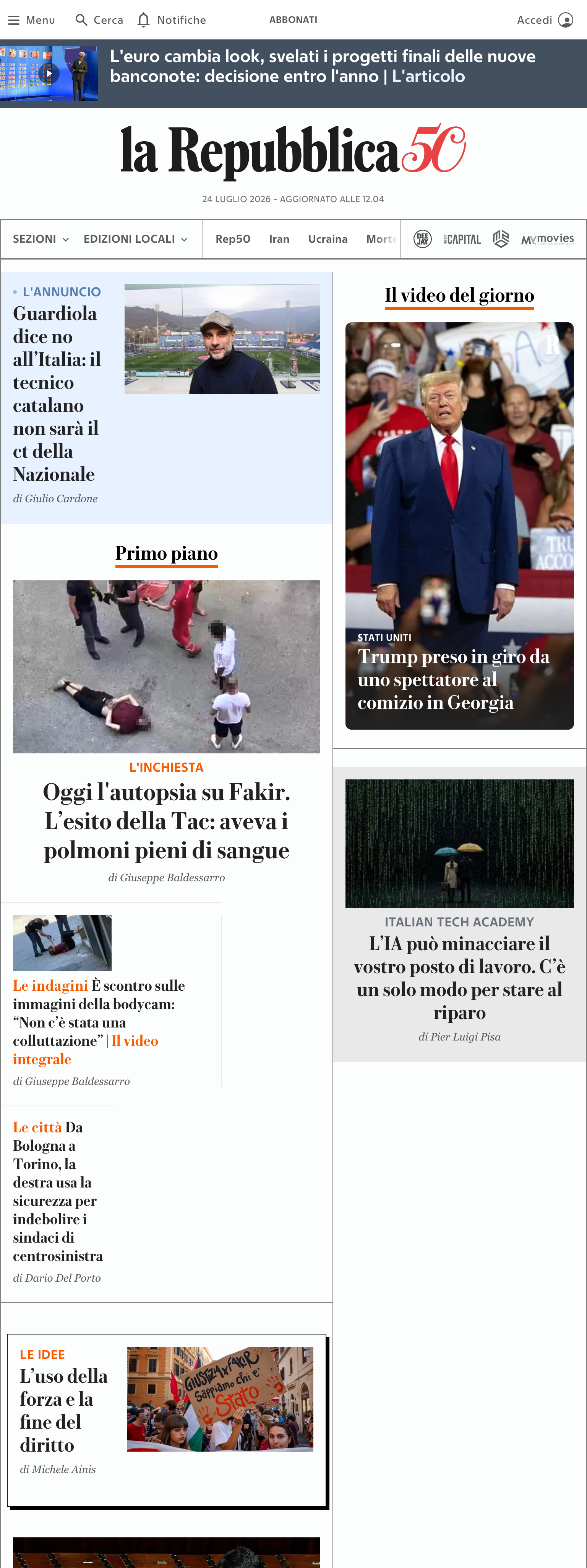 Screenshot of the la Repubblica front page