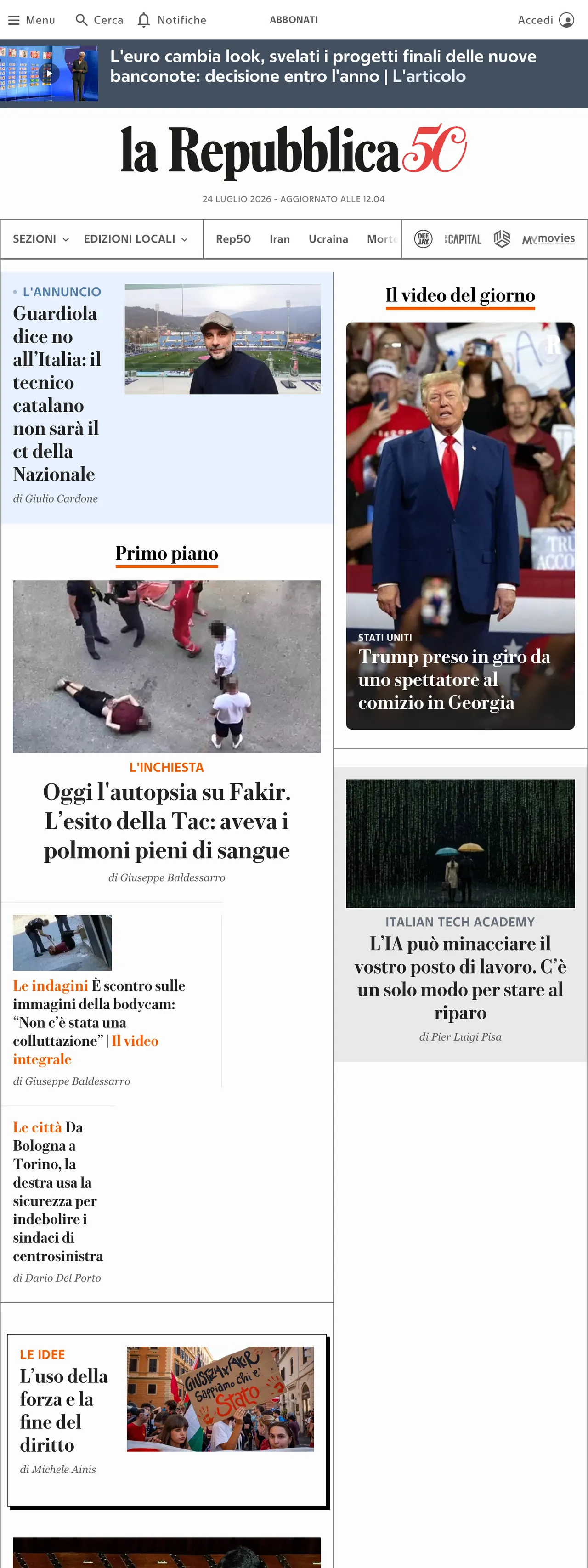 Screenshot of the la Repubblica front page