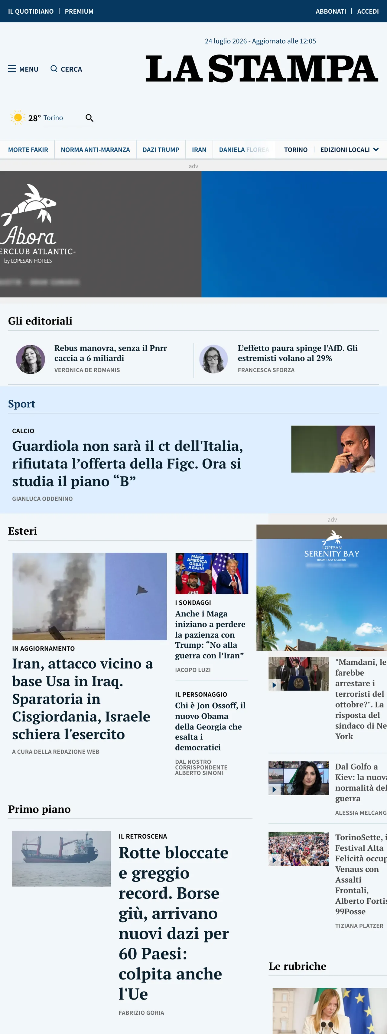 Screenshot of the La Stampa front page