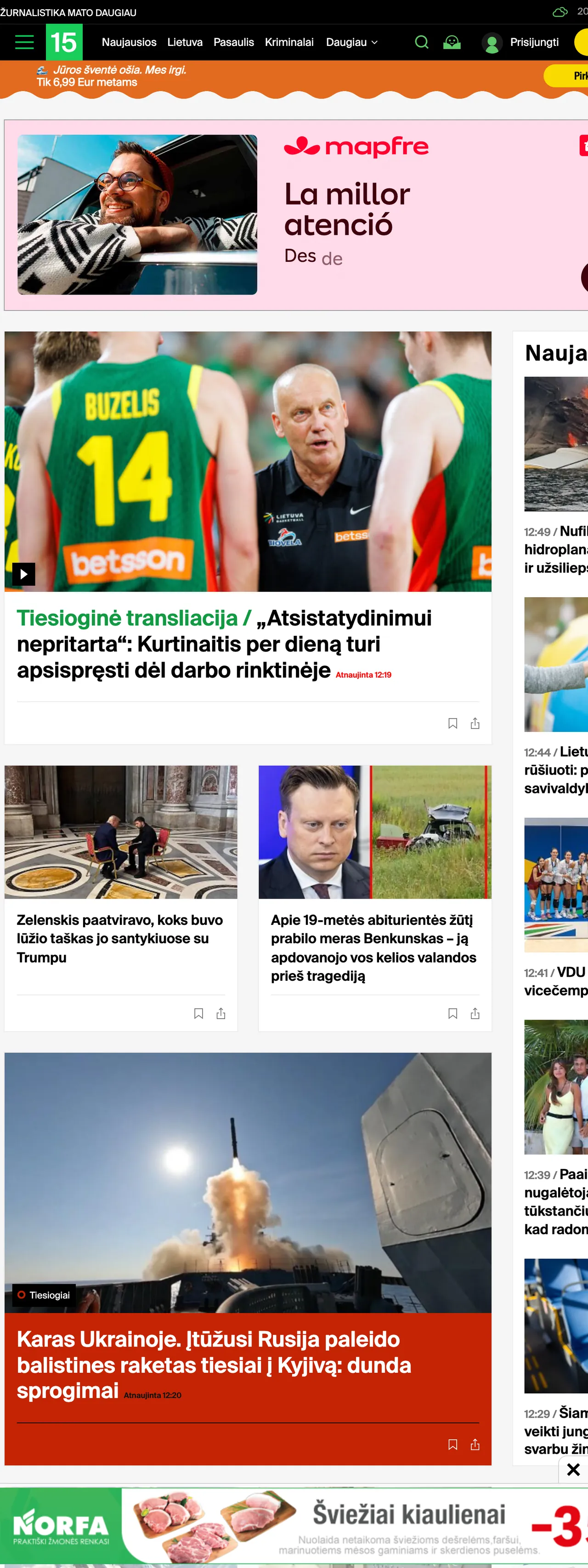 Screenshot of the 15min front page