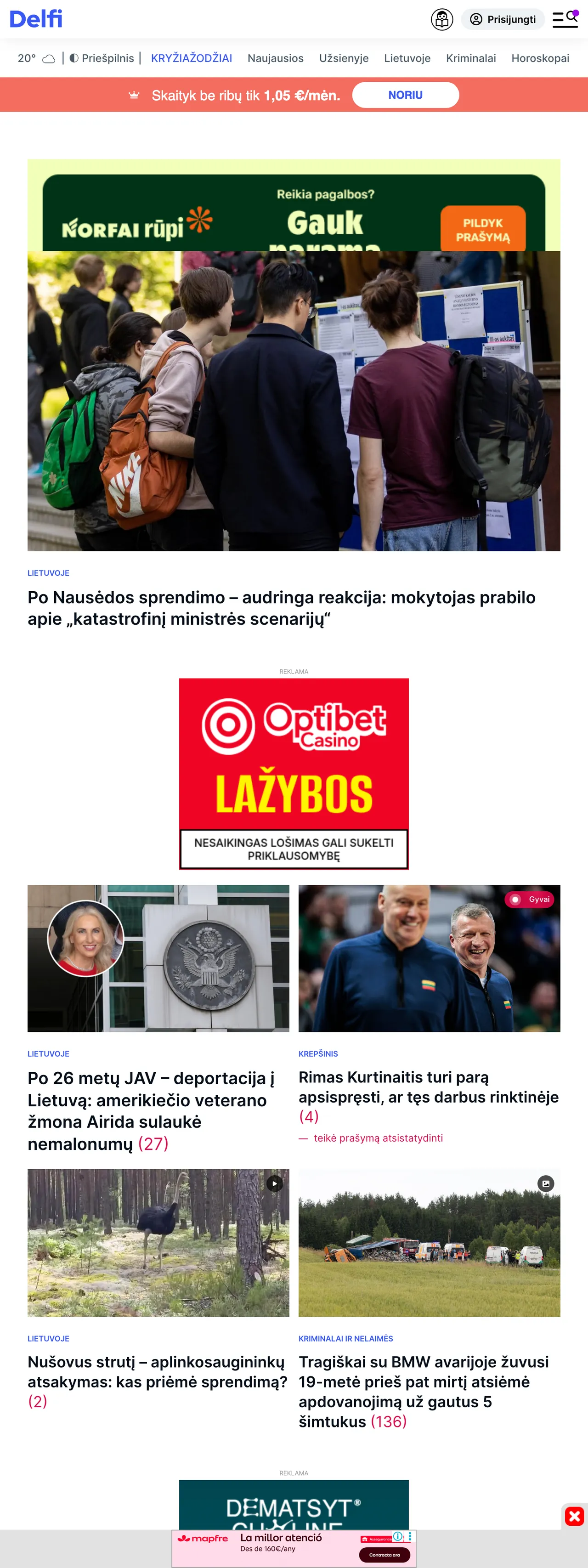 Screenshot of the Delfi front page