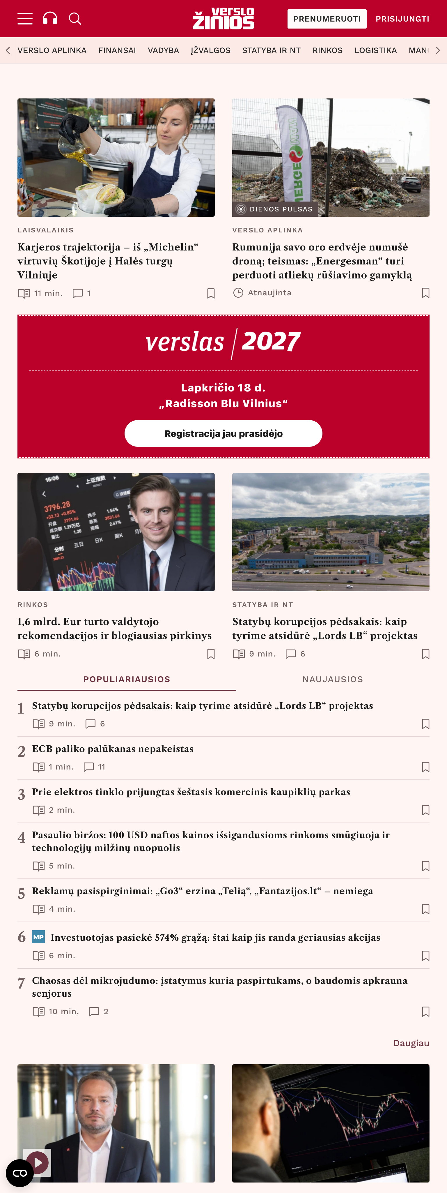 Screenshot of the Verslo žinios front page