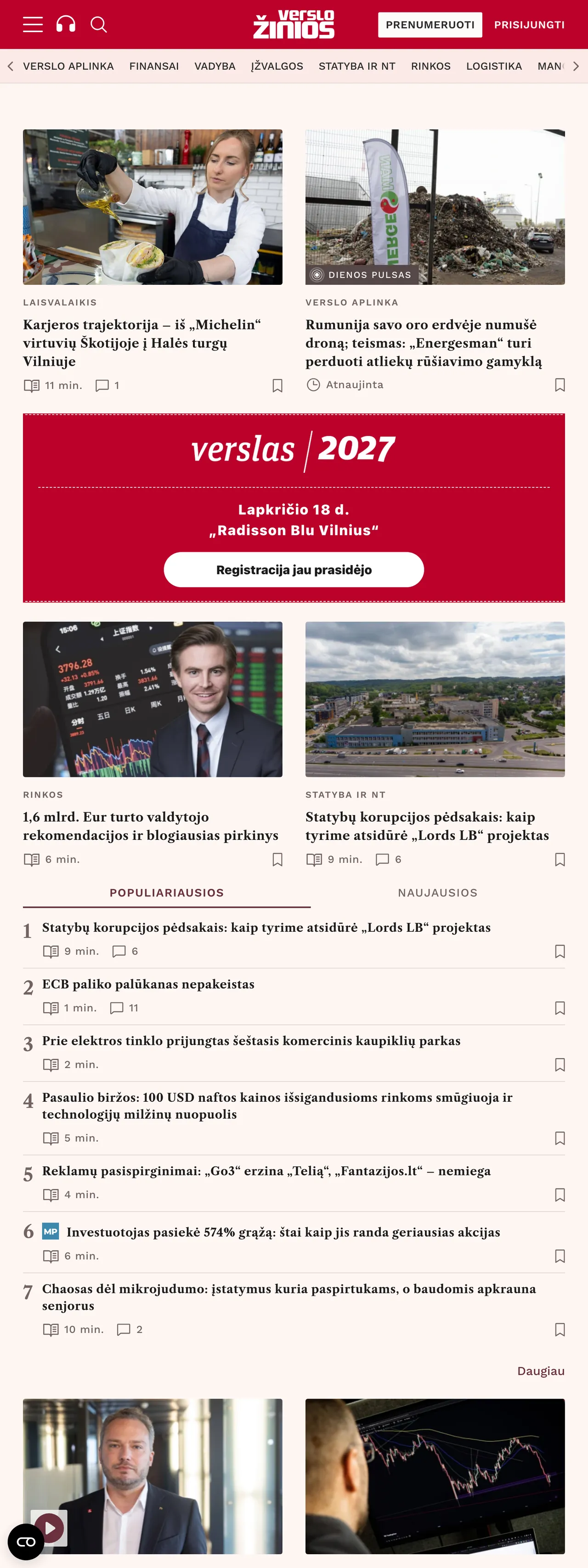 Screenshot of the Verslo žinios front page