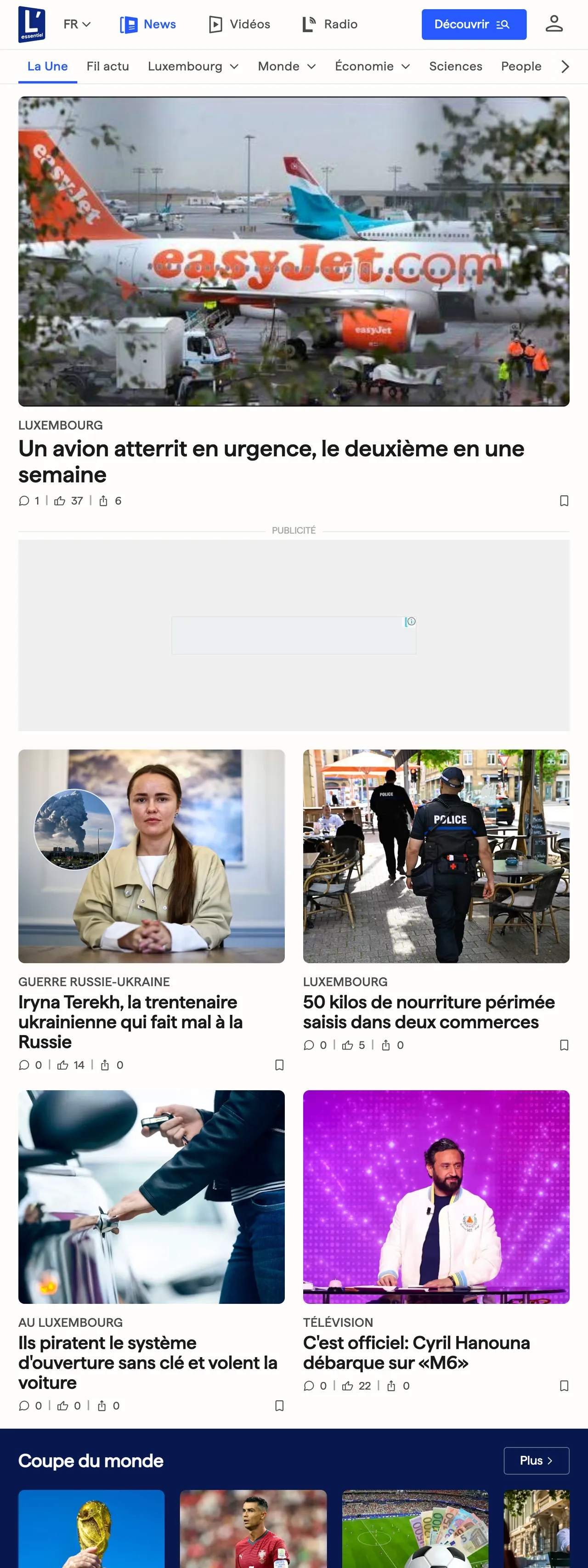 Screenshot of the L'essentiel front page