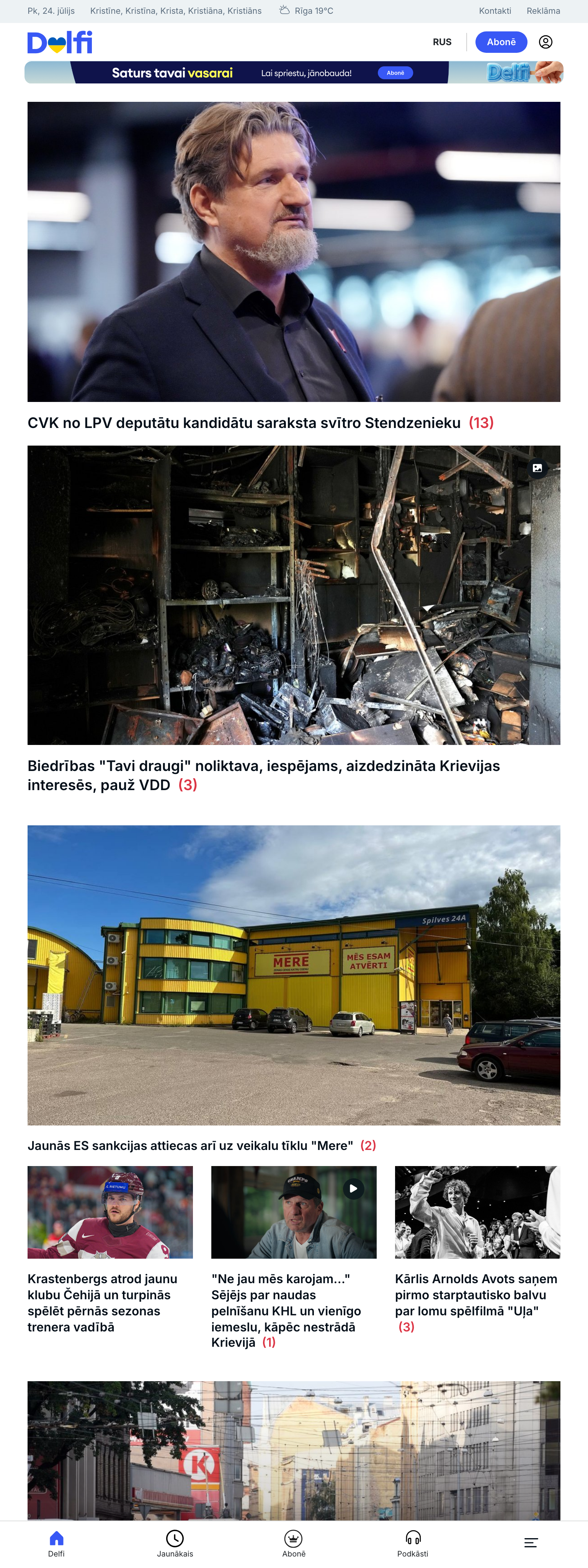 Screenshot of the Delfi front page