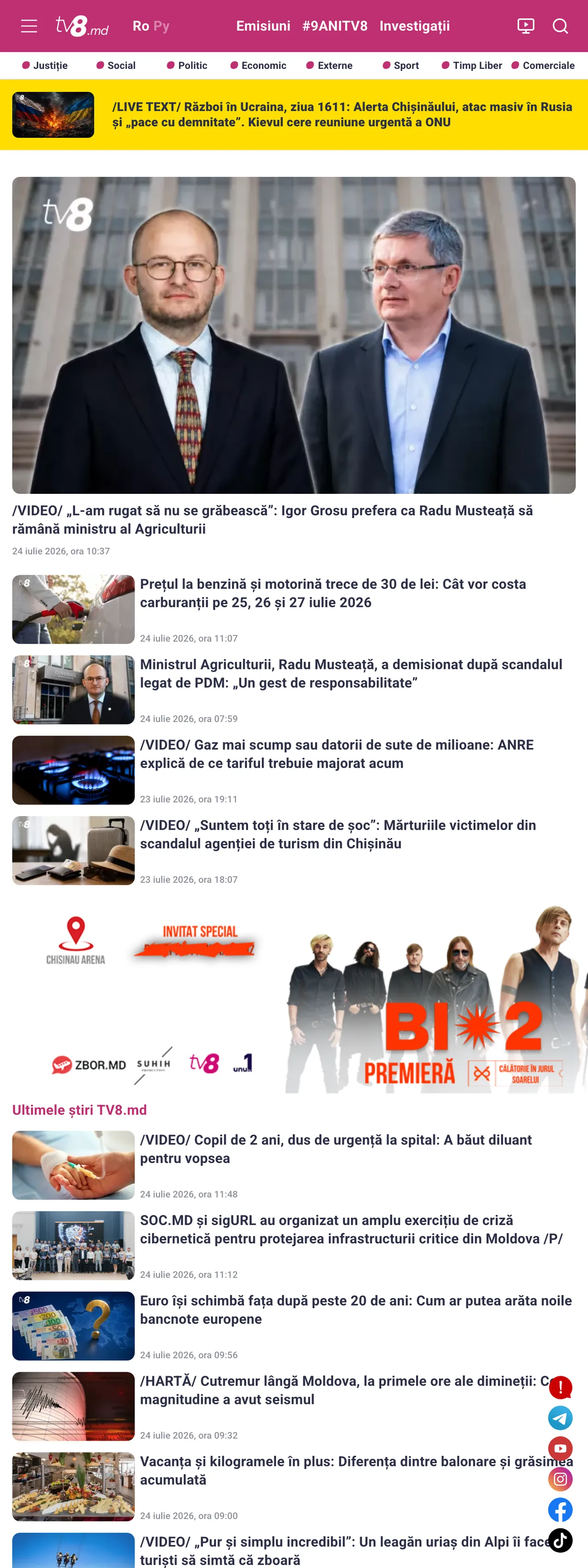 Screenshot of the TV8 front page
