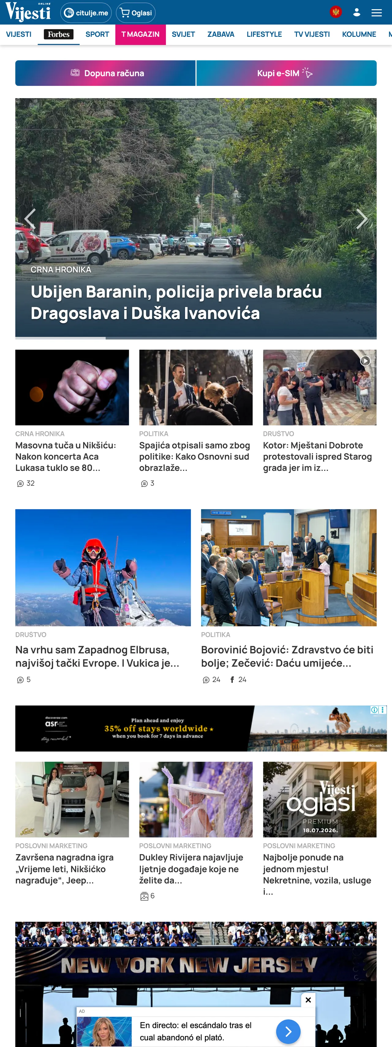 Screenshot of the Vijesti front page