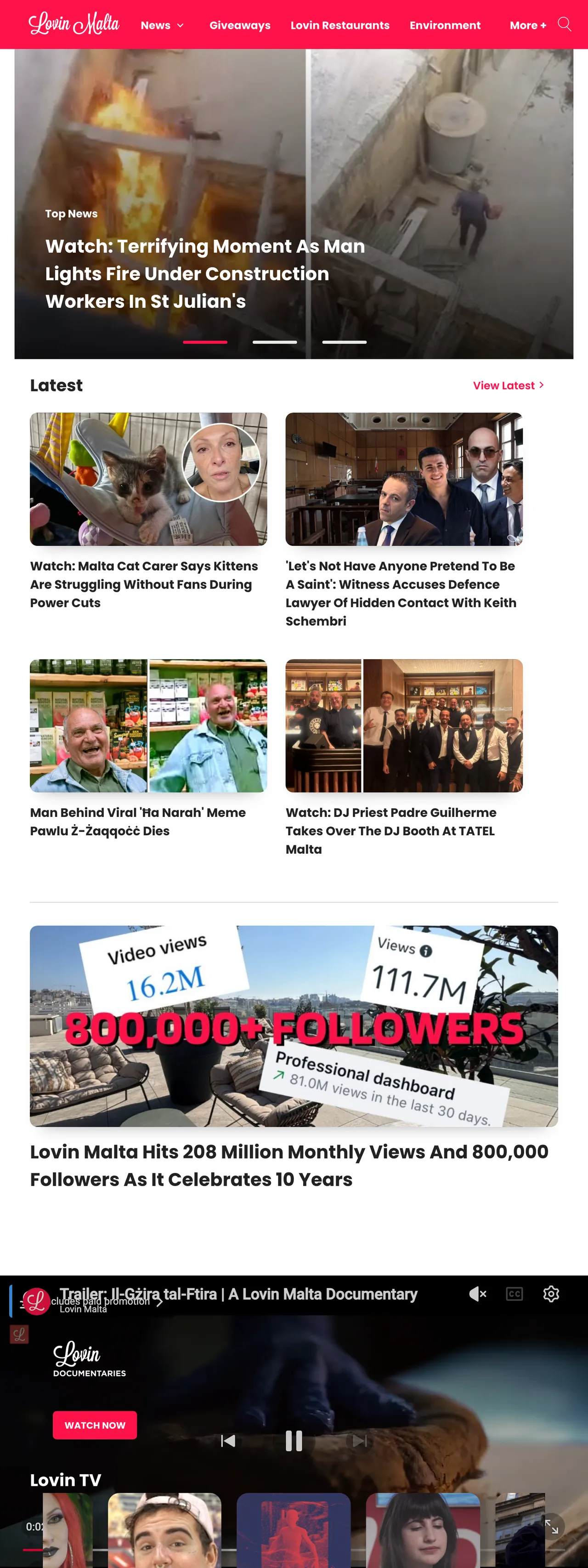 Screenshot of the Lovin Malta front page