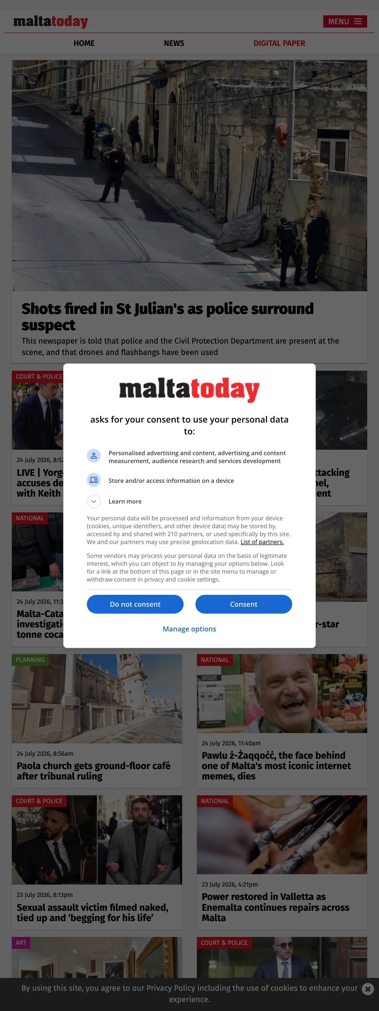 Screenshot of the Malta Today front page