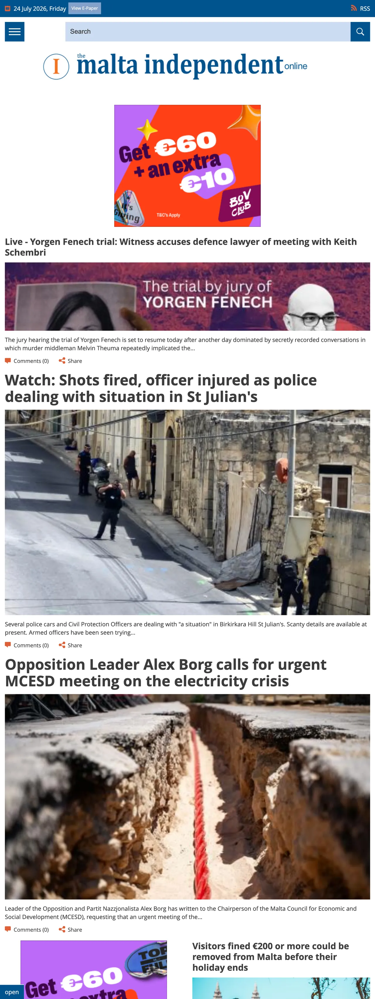 Screenshot of the The Malta Independent front page