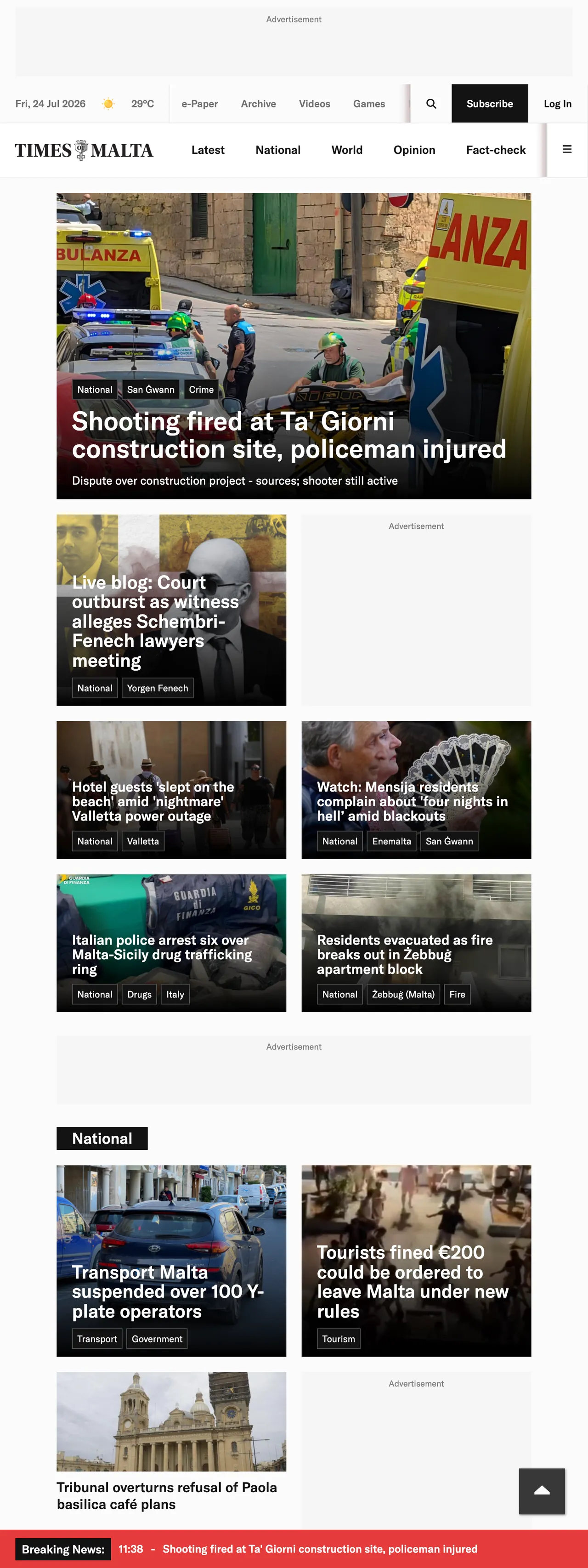 Screenshot of the Times of Malta front page