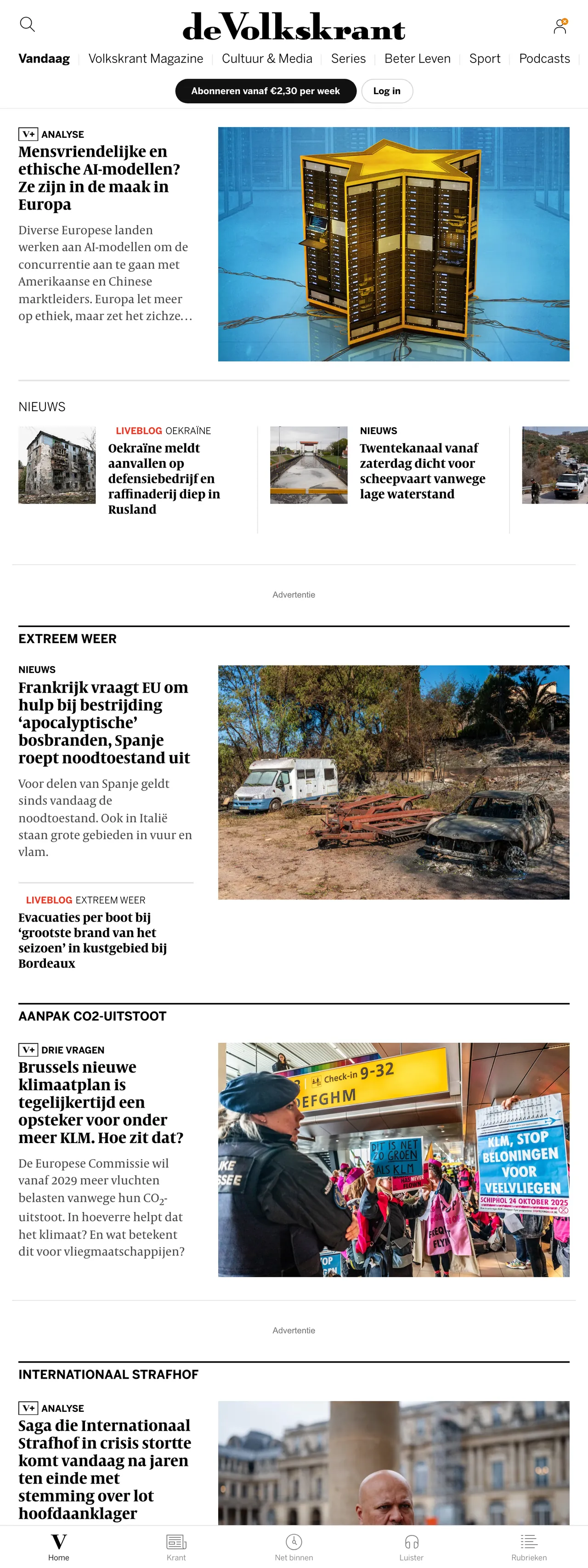 Screenshot of the de Volkskrant front page