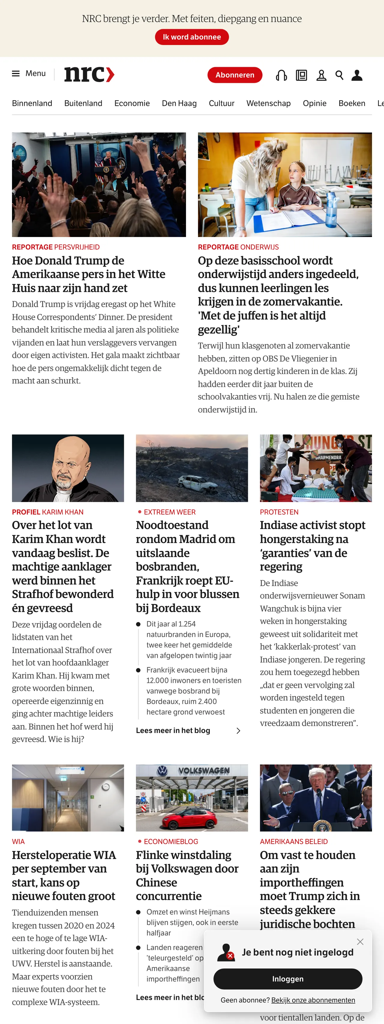 Screenshot of the NRC front page