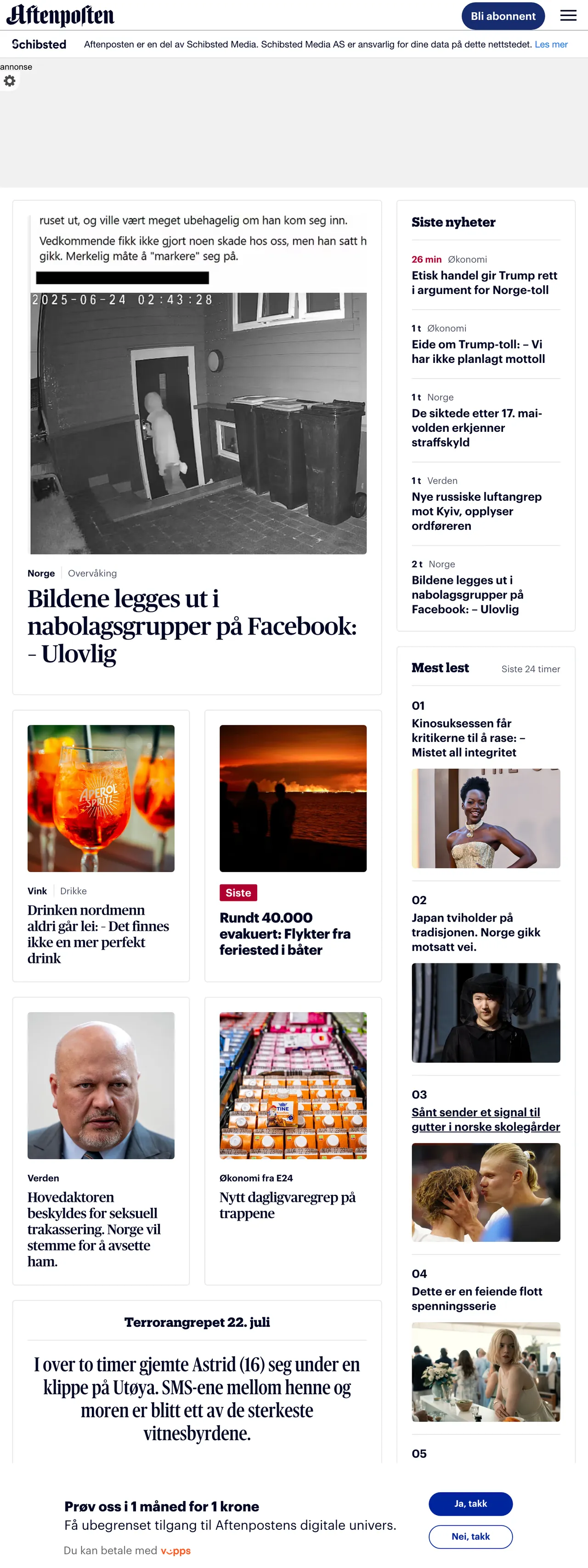 Screenshot of the Aftenposten front page
