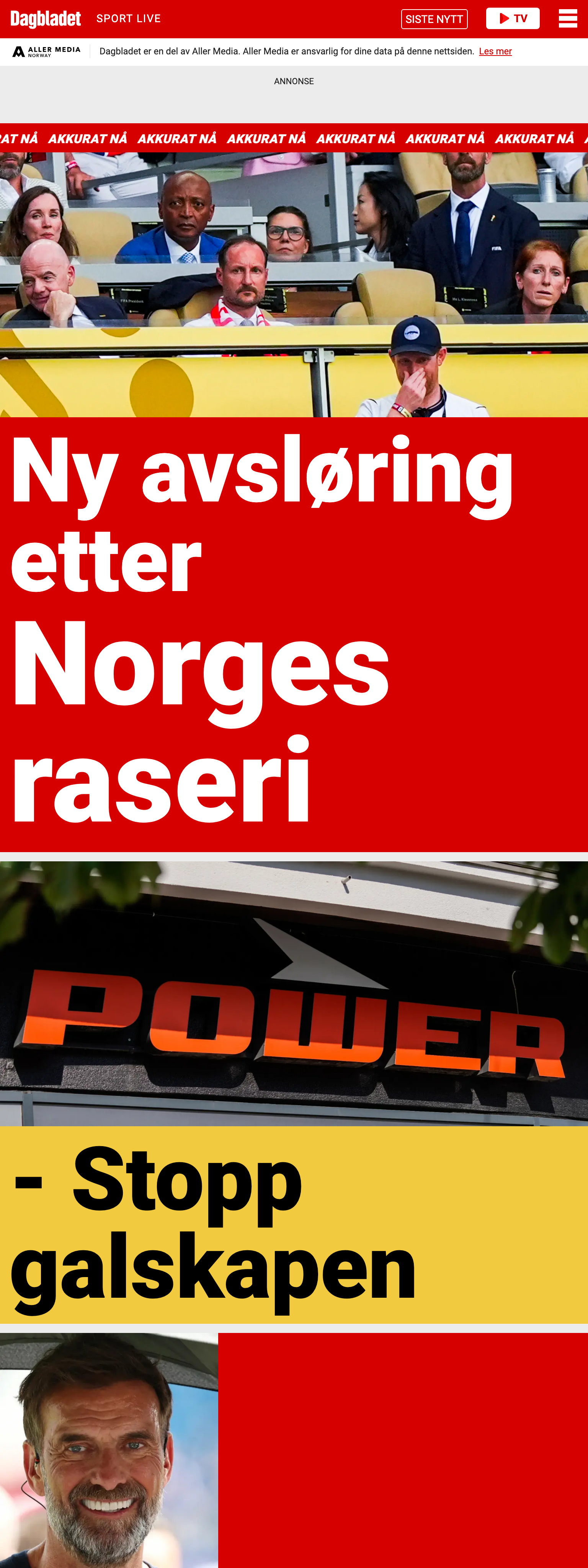 Screenshot of the Dagbladet front page