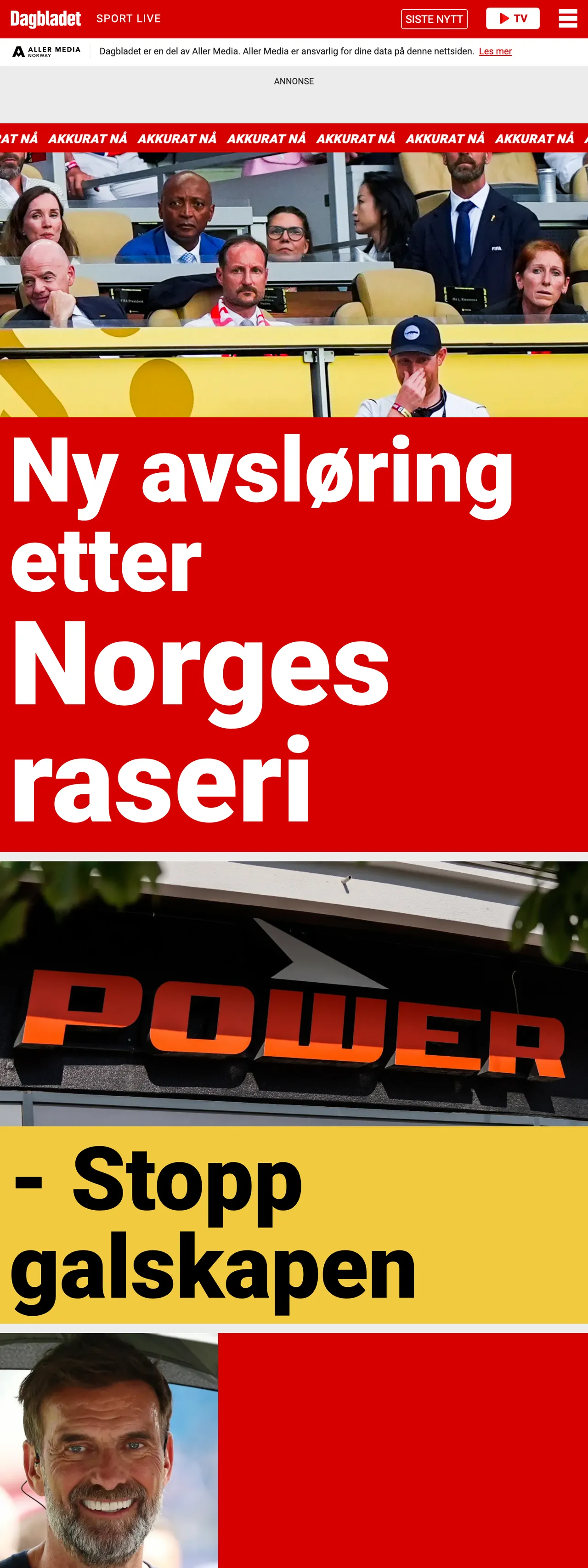 Screenshot of the Dagbladet front page