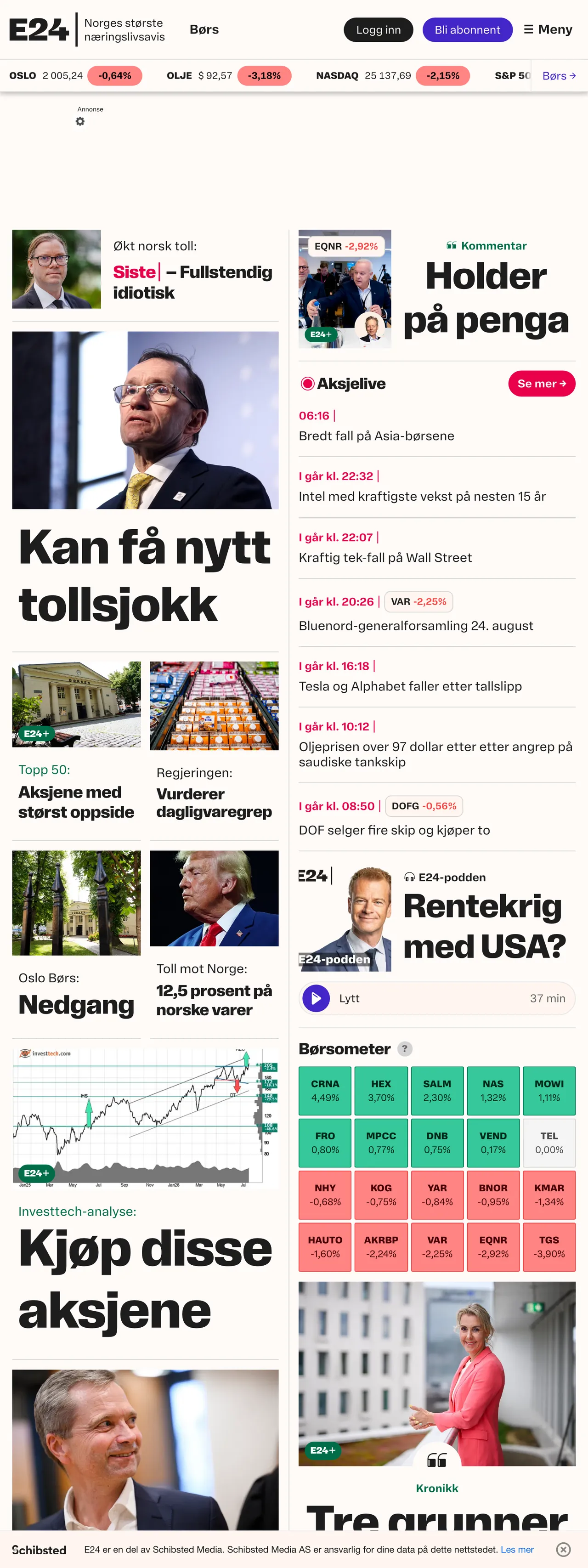 Screenshot of the E24 front page