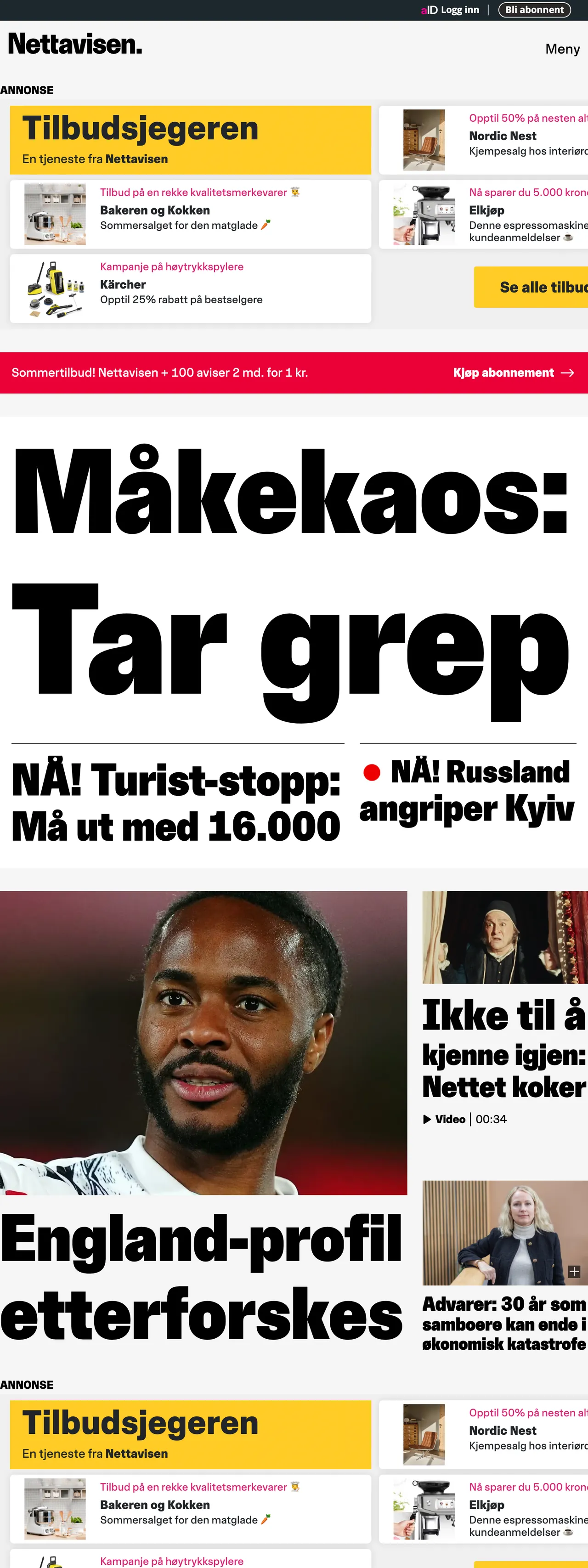 Screenshot of the Nettavisen front page