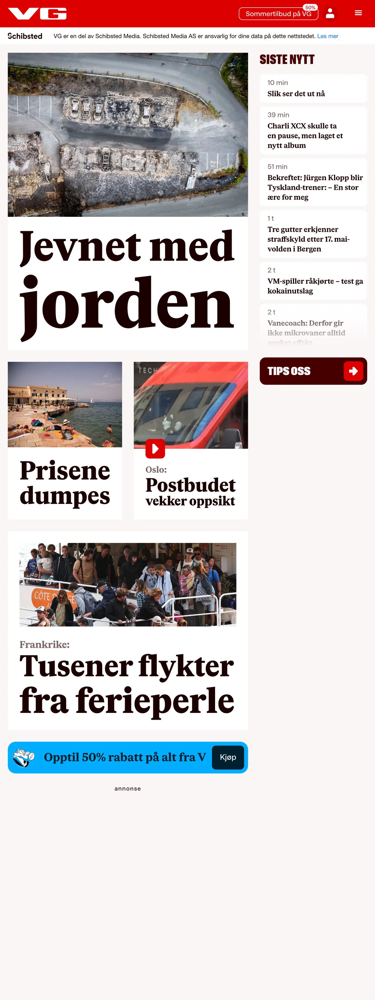 Screenshot of the VG front page