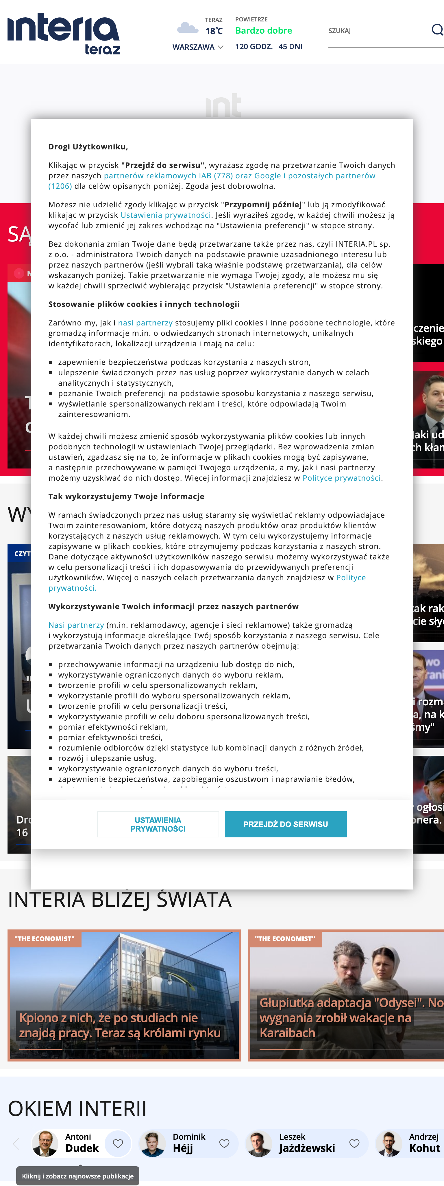 Screenshot of the Interia front page