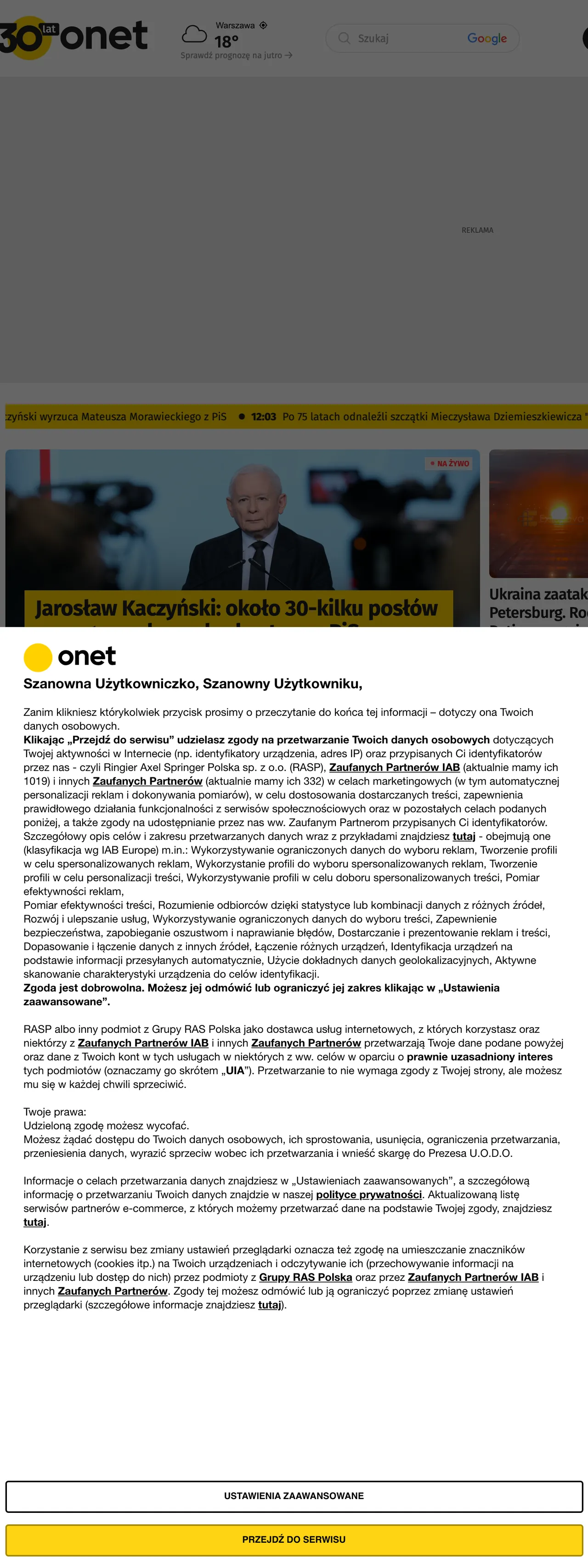 Screenshot of the Onet front page