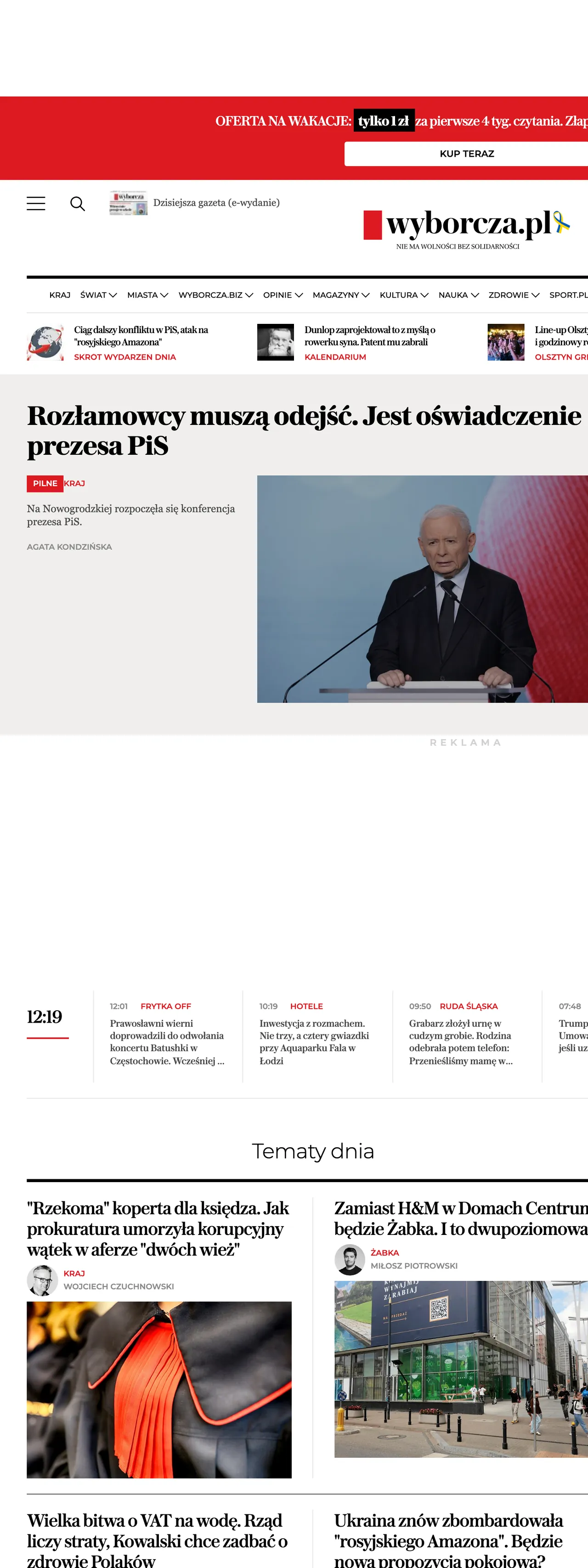 Screenshot of the Wyborcza front page