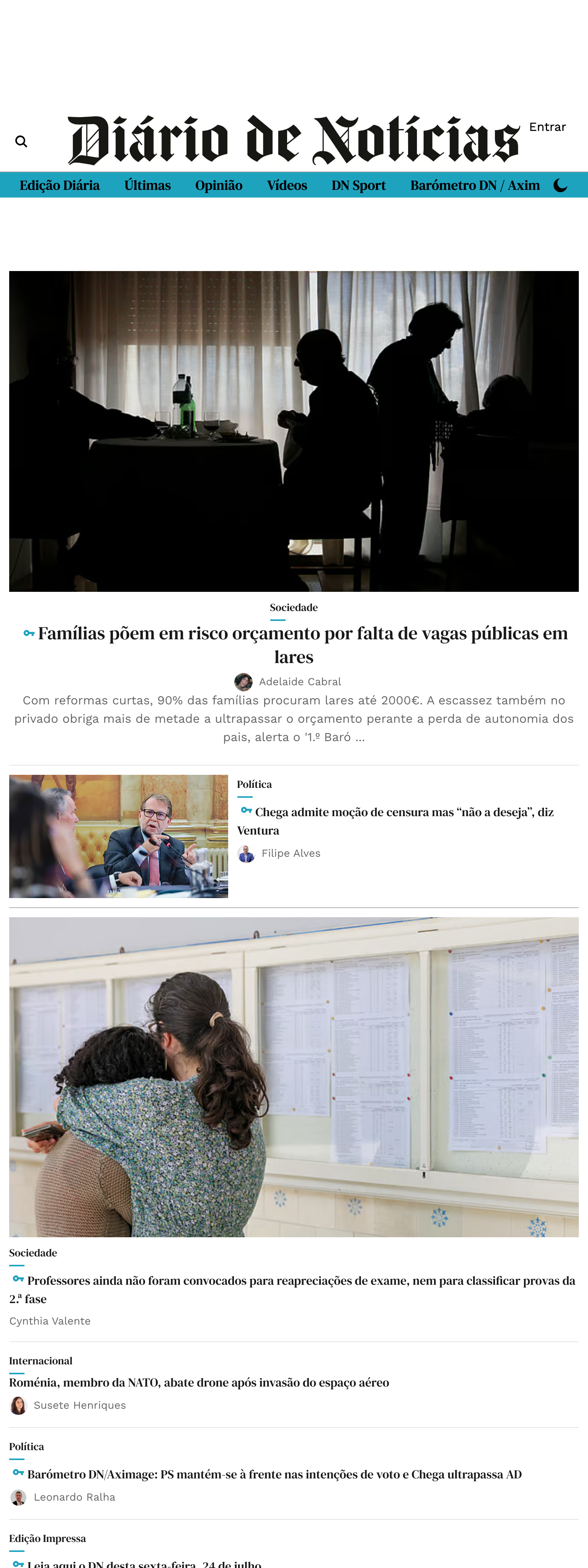 Screenshot of the Diário de Notícias front page