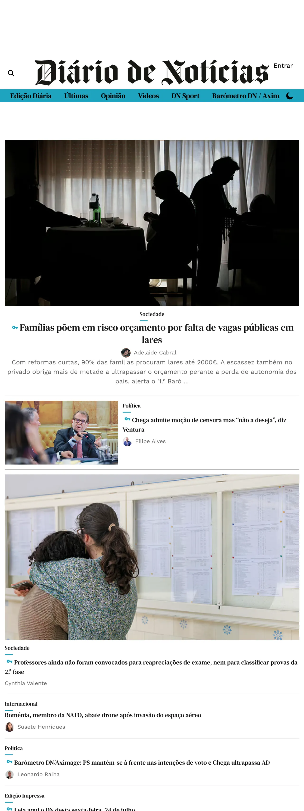 Screenshot of the Diário de Notícias front page