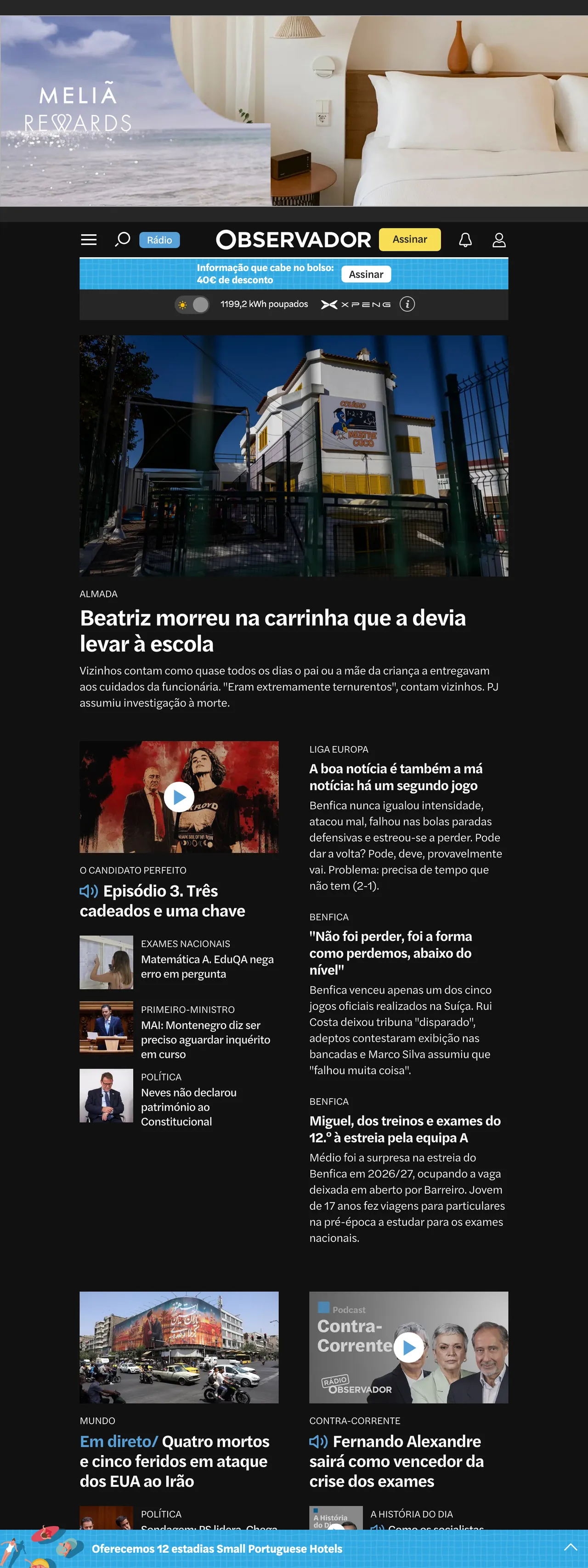 Screenshot of the Observador front page
