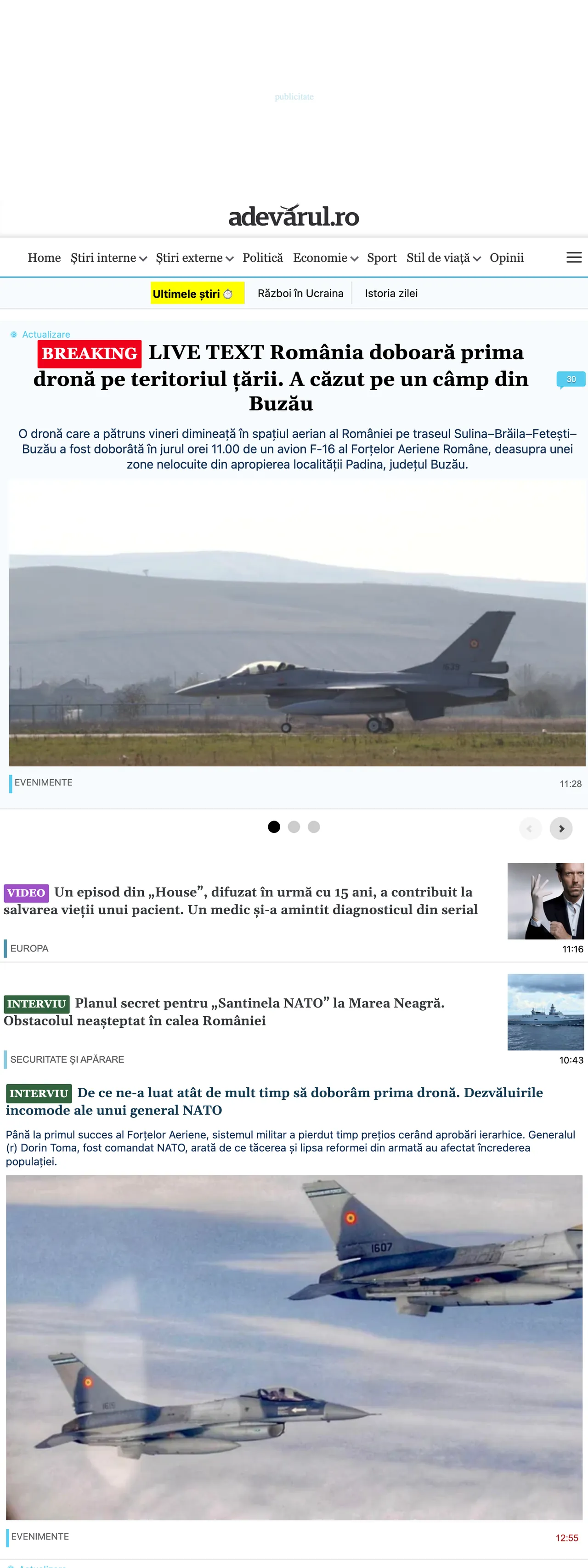 Screenshot of the Adevărul front page