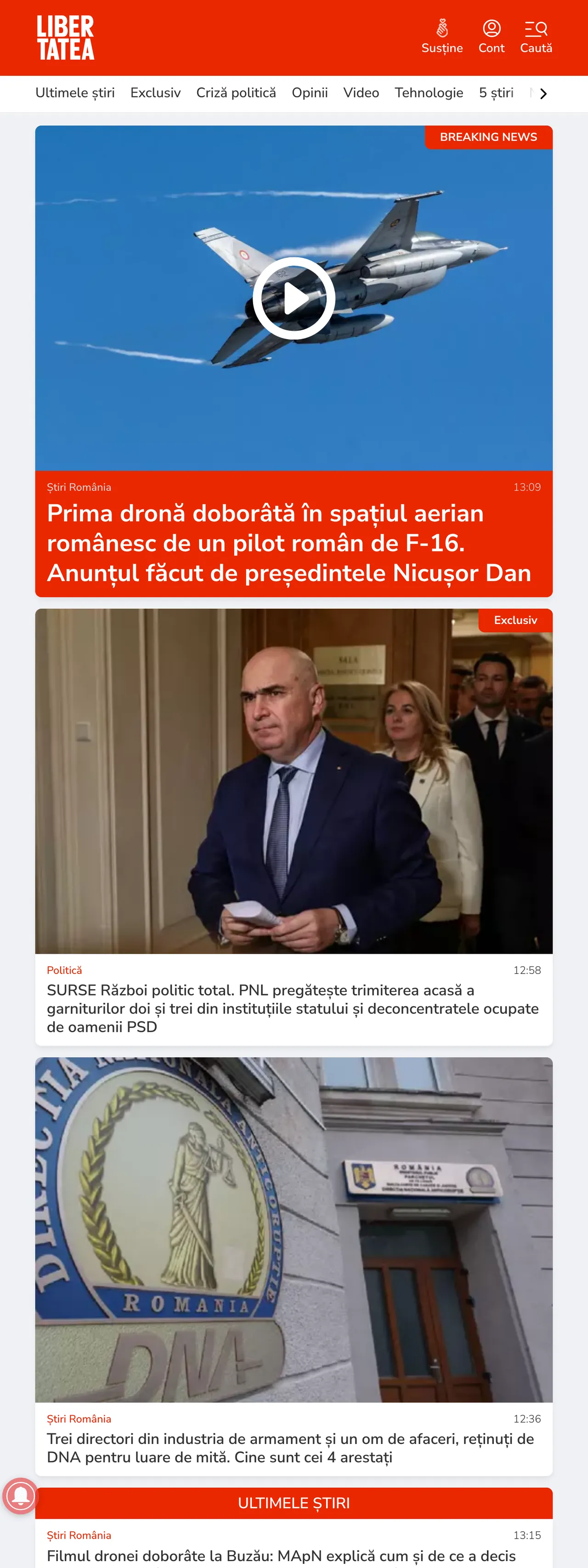 Screenshot of the Libertatea front page