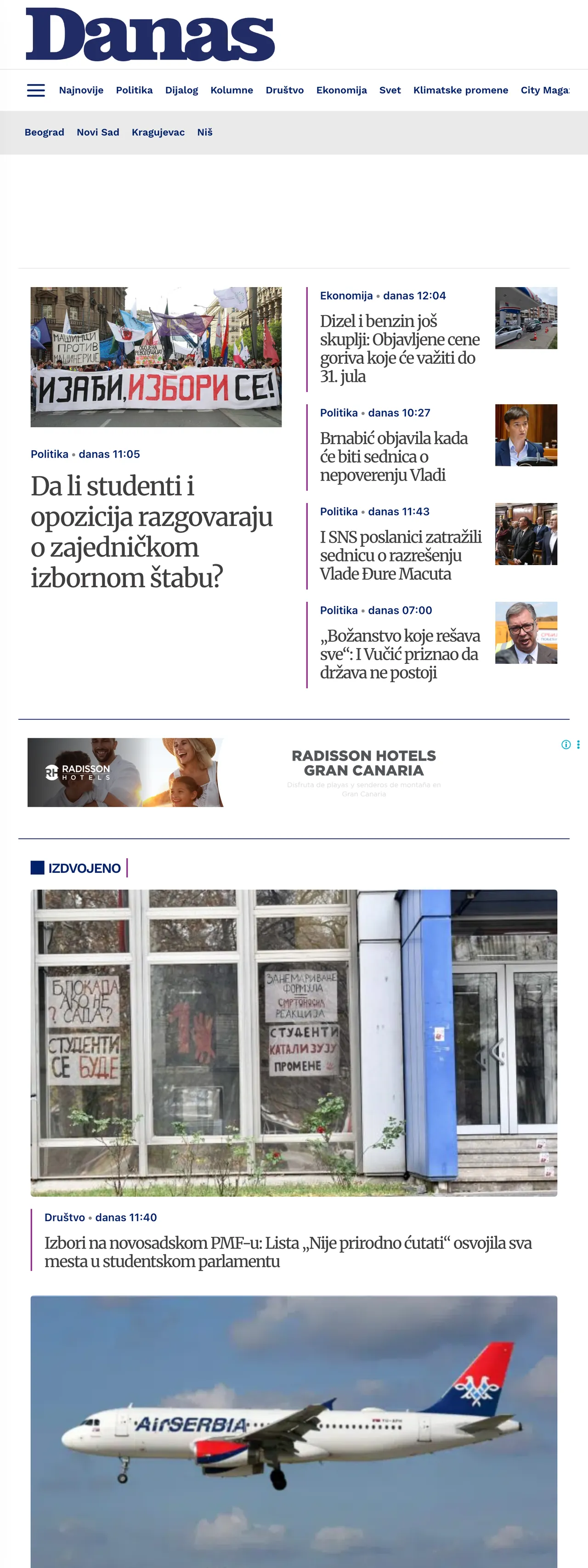 Screenshot of the Danas front page