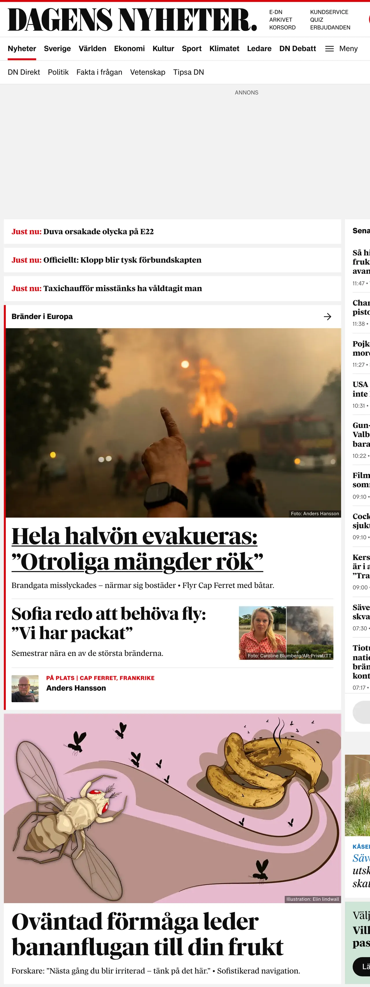 Screenshot of the Dagens Nyheter front page
