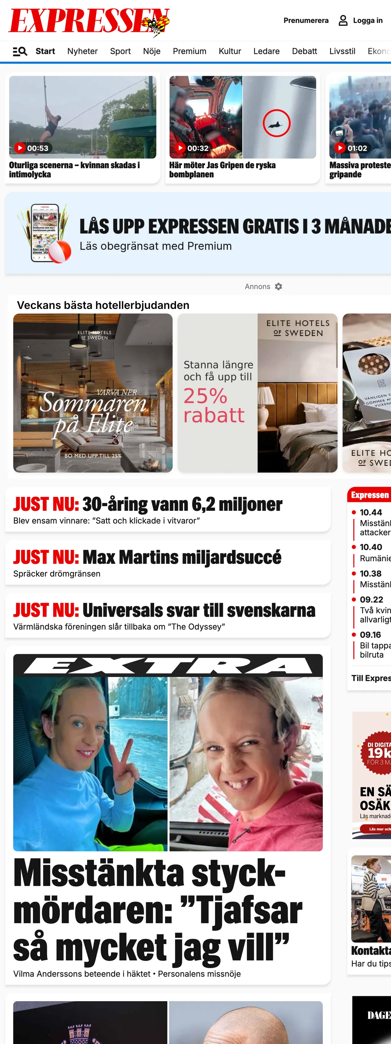 Screenshot of the Expressen front page