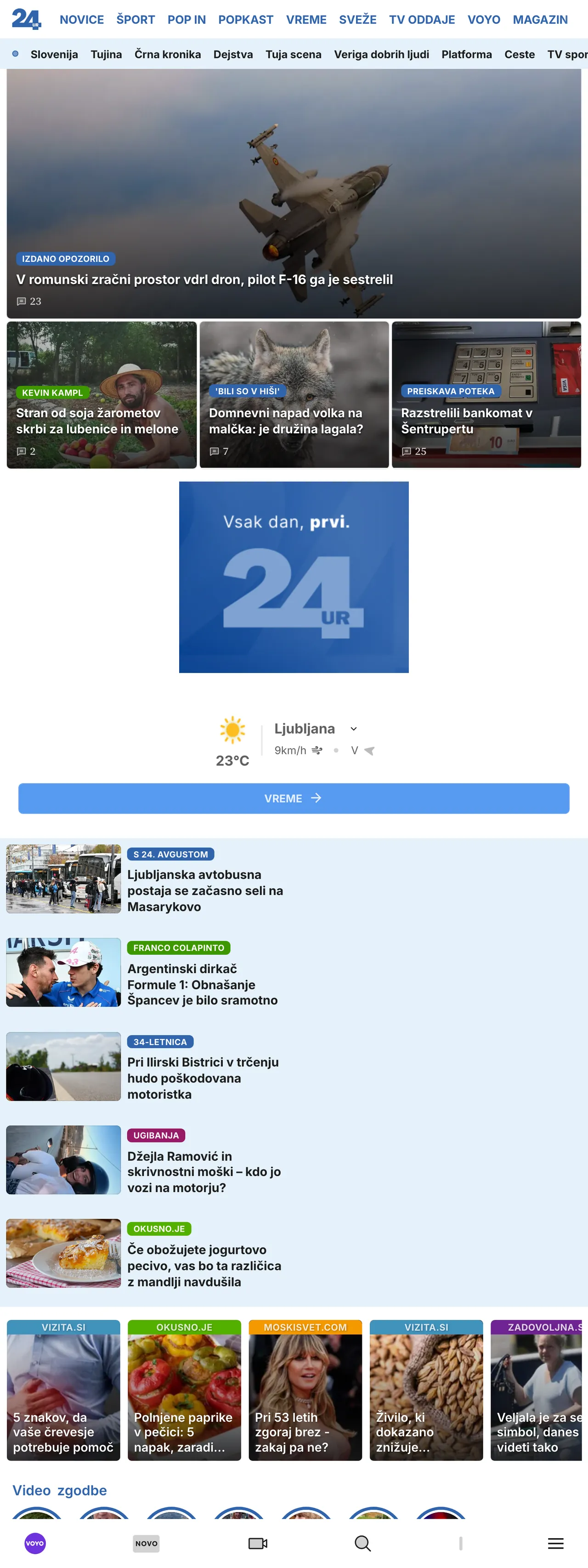 Screenshot of the 24ur front page