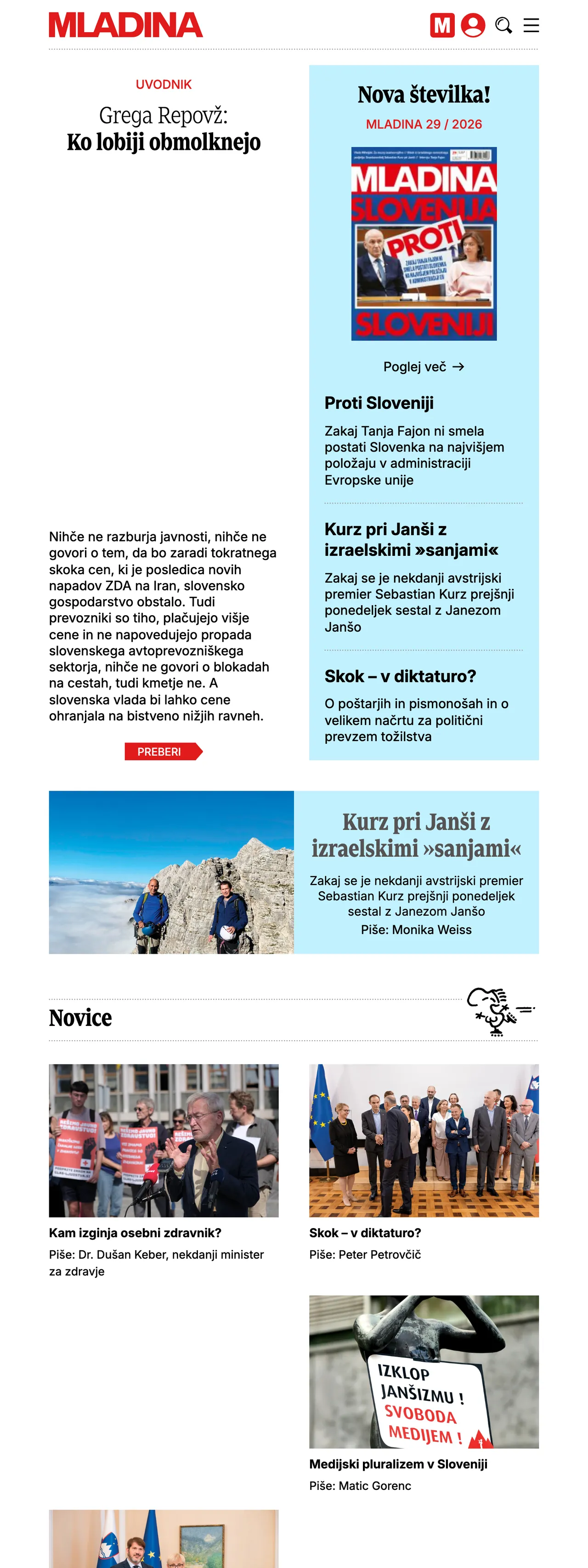 Screenshot of the Mladina front page