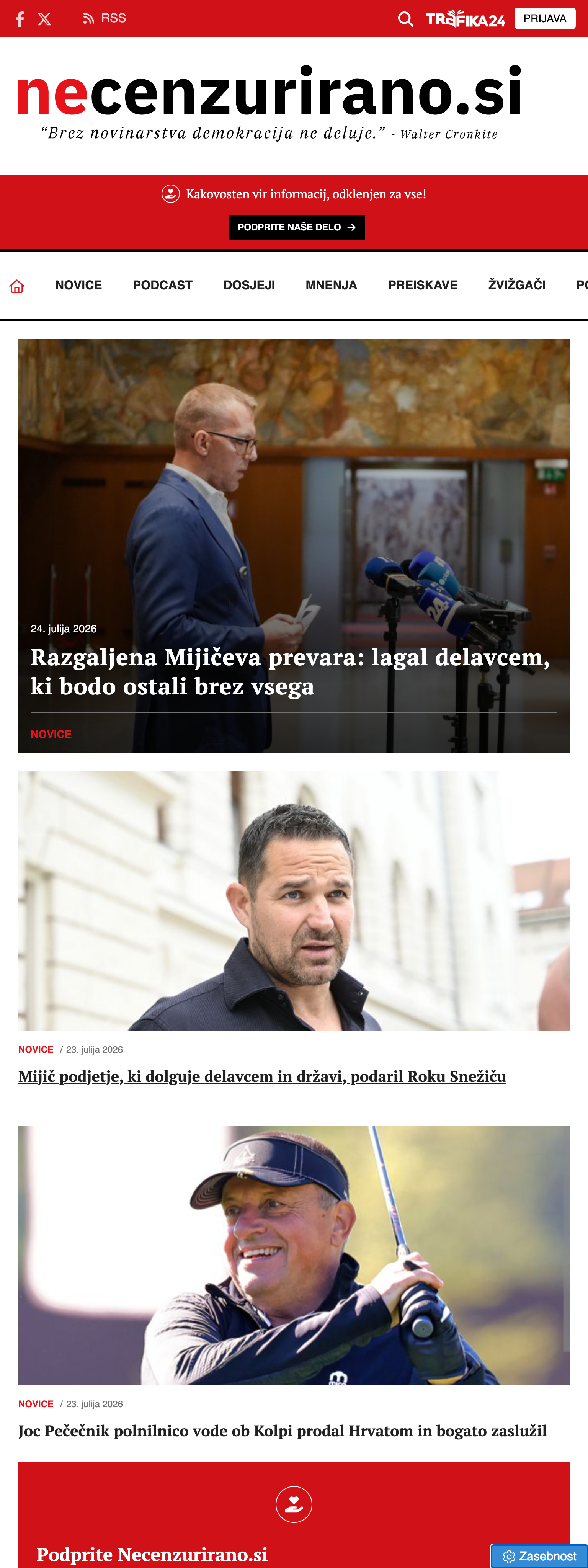 Screenshot of the Necenzurirano front page