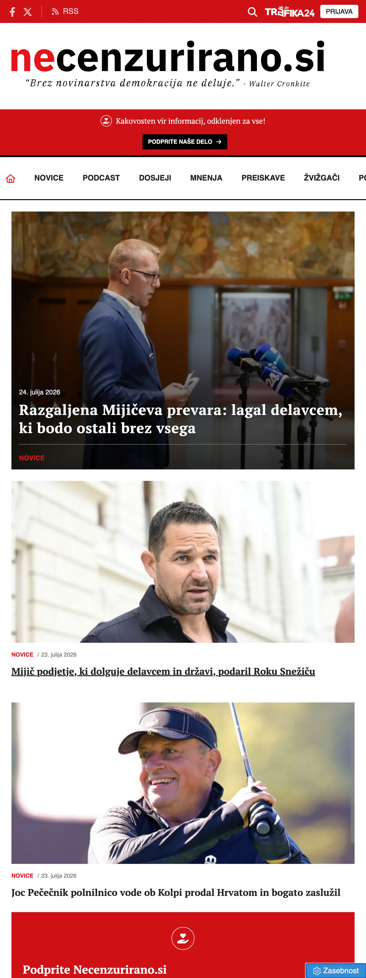 Screenshot of the Necenzurirano front page