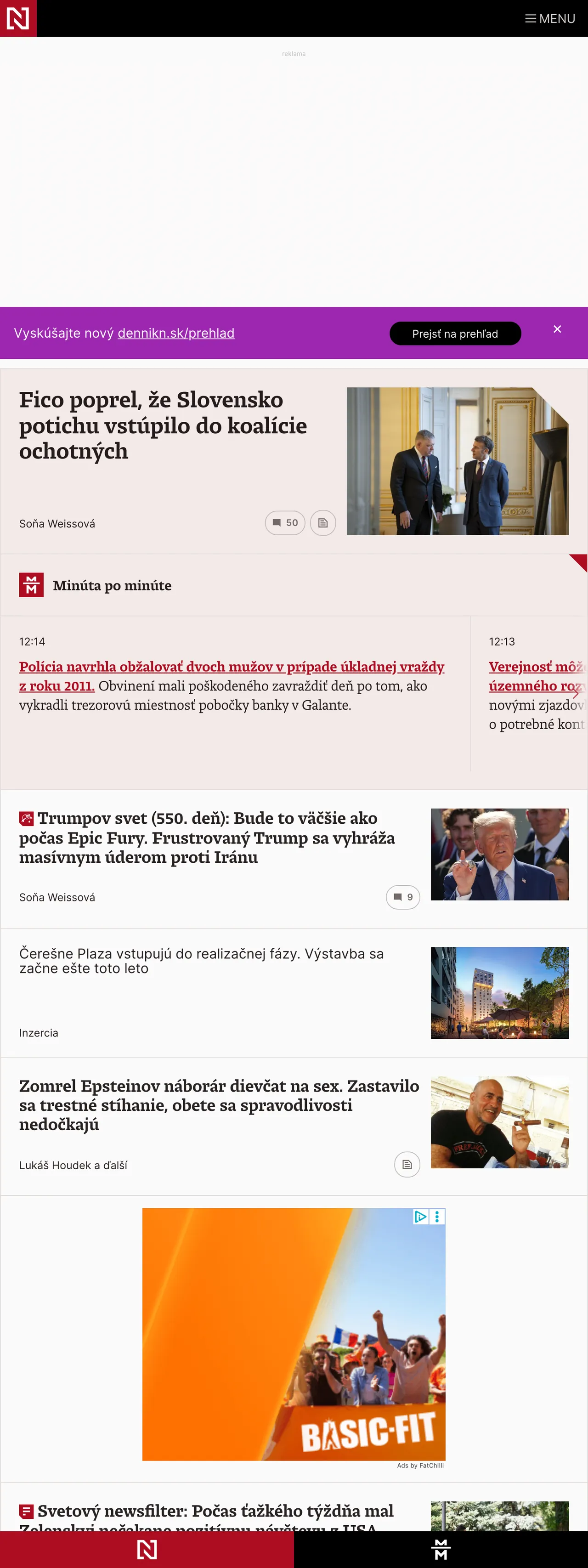 Screenshot of the Denník N front page