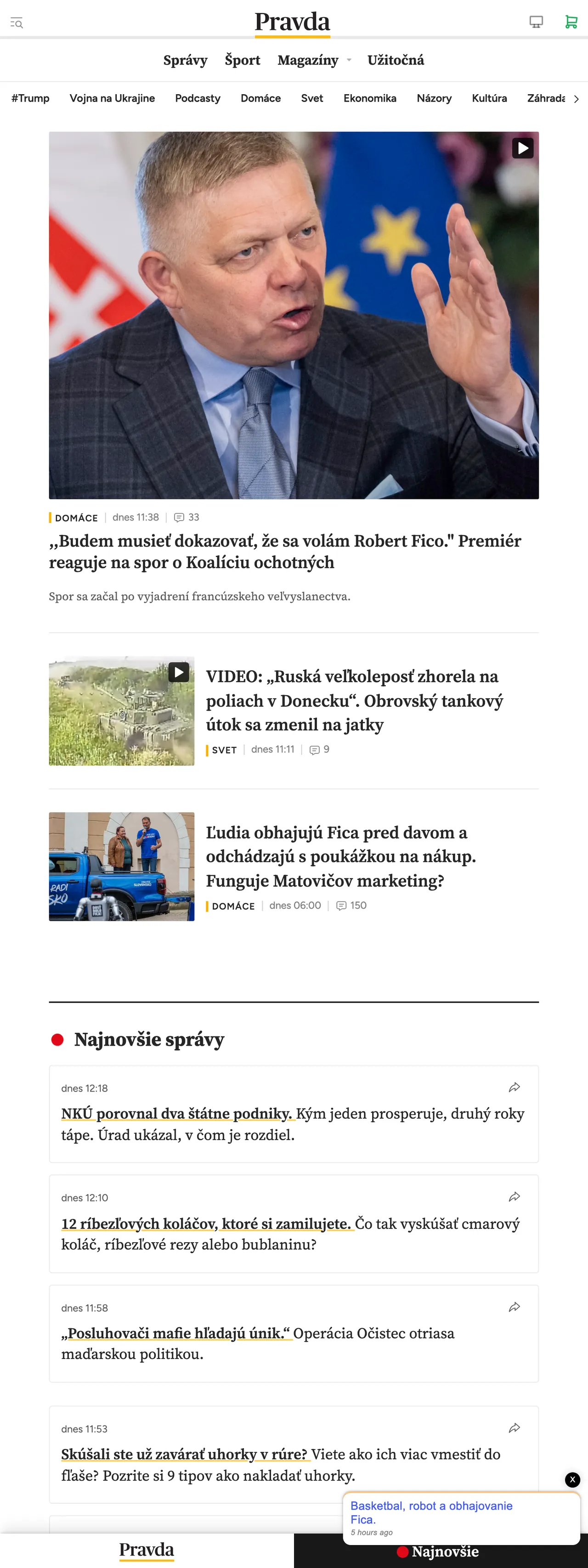 Screenshot of the Pravda front page