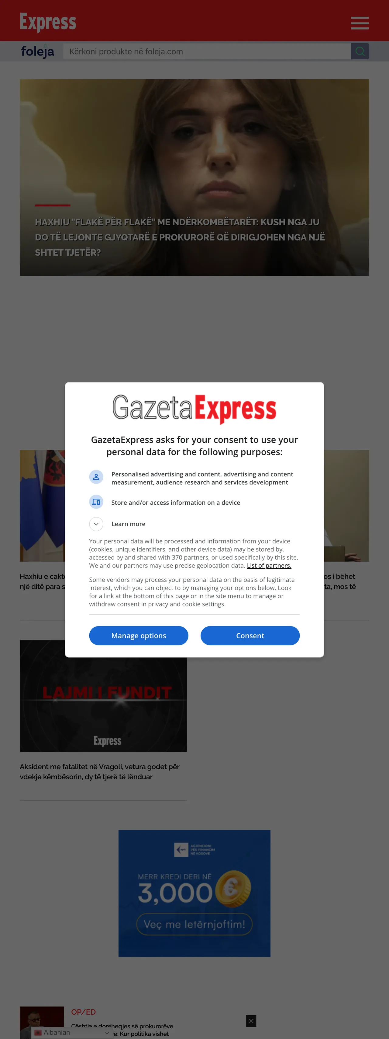 Screenshot of the Gazeta Express front page
