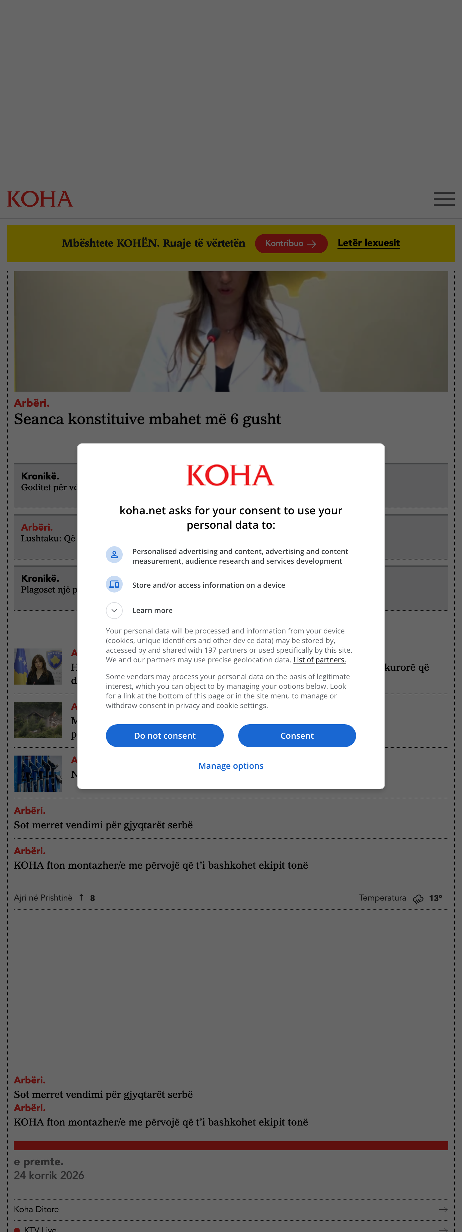 Screenshot of the Koha Ditore front page